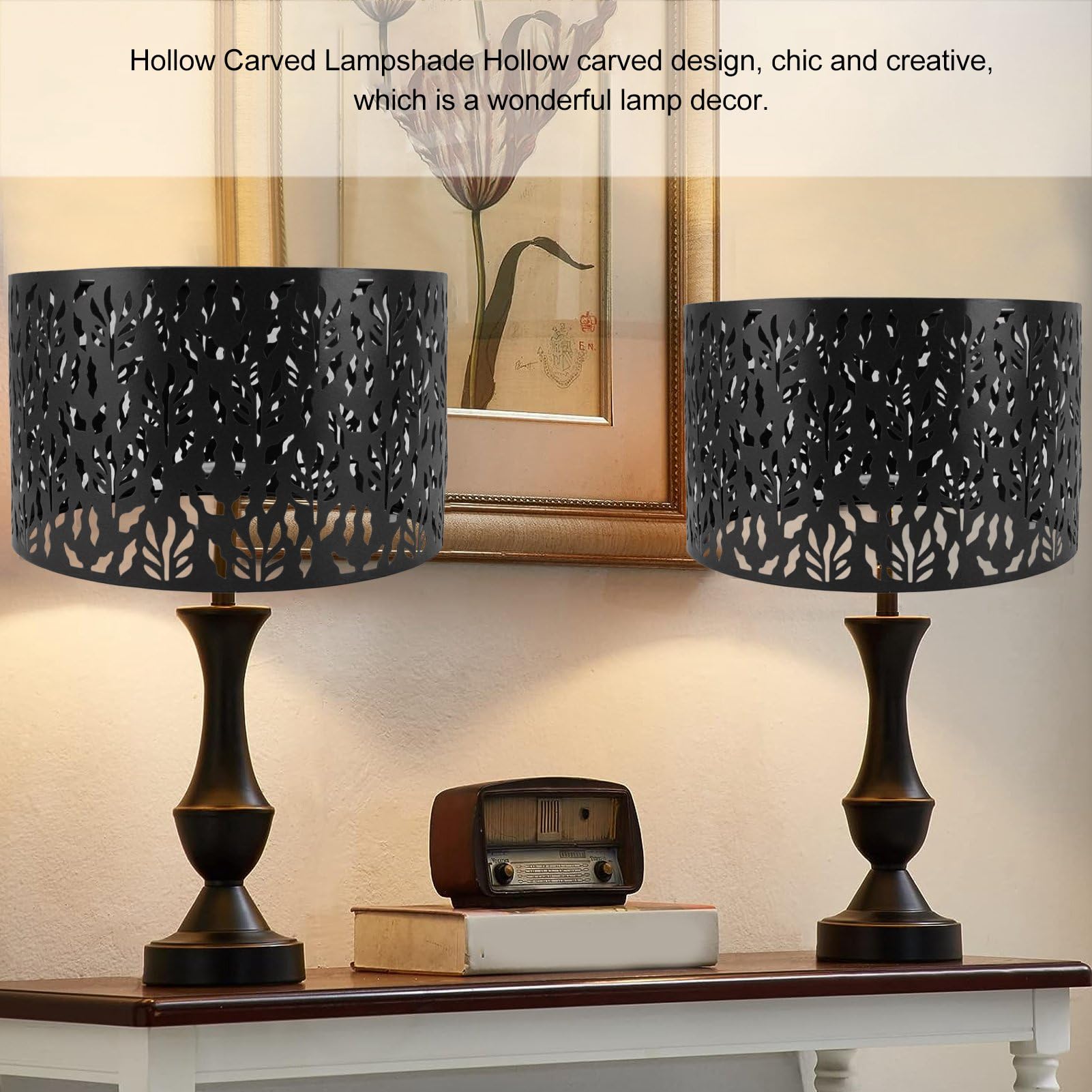 Pantalla lámpara hueca metal Pantalla lámpara tallada hueca Pantalla lámpara hueca escritorio hueca Pantalla lámpara Adecuado pantallas lámparas oficina, hogar y dormitorio(Negro)