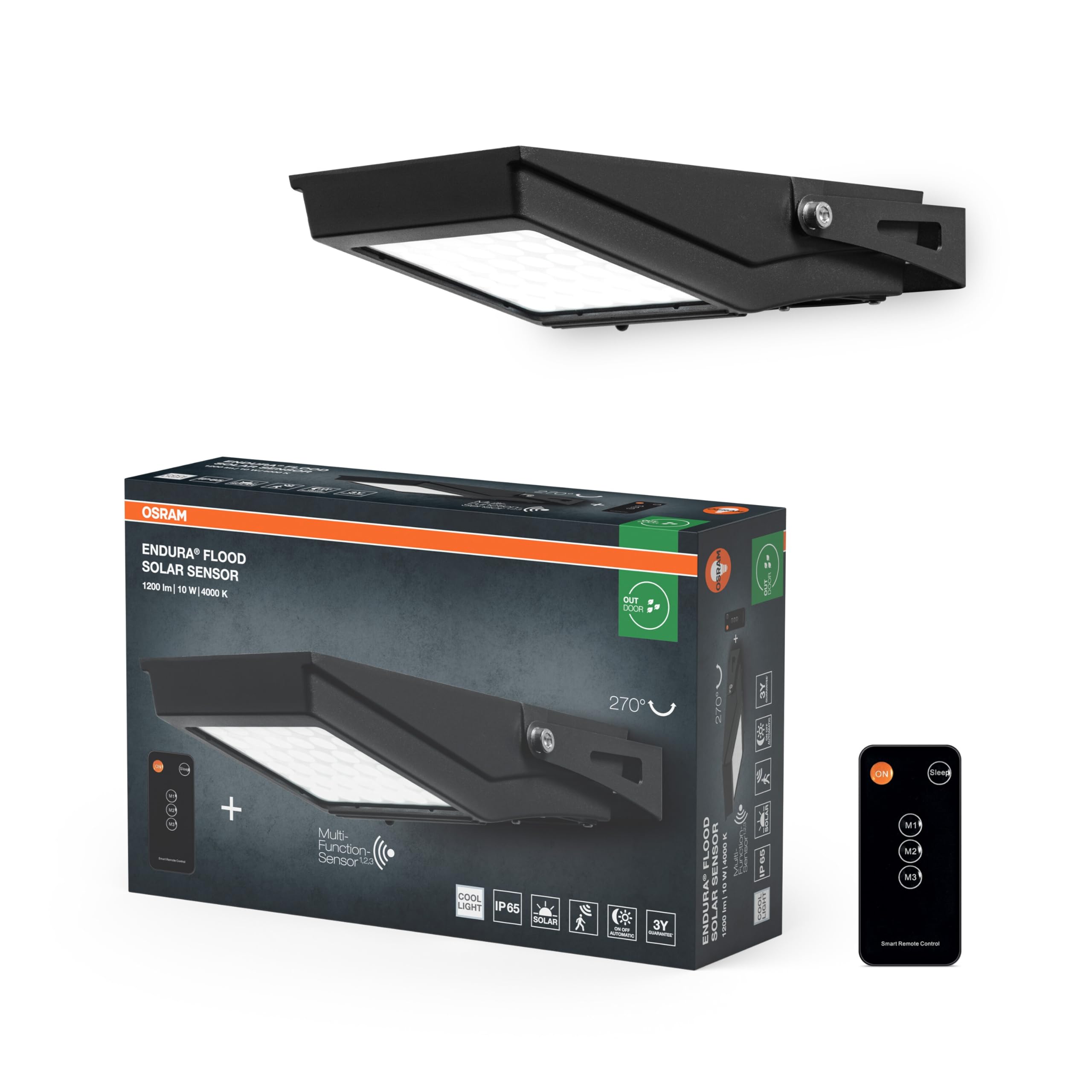 Osram Projecteur LED ENDURA Flood Solar, 10W, à énergie solaire, capteur intégré, blanc froid, télécommande, longue durée de vie de la batterie jusqu'à 4 h à pleine luminosité, protection IP65