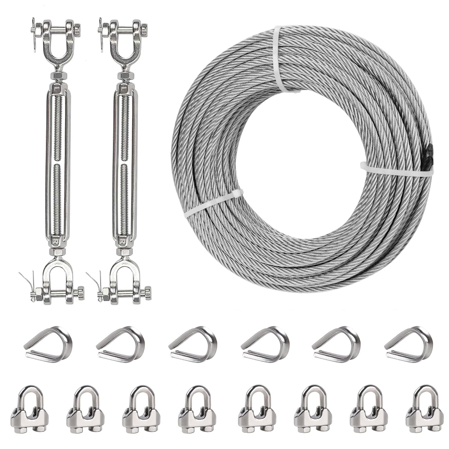 50FT 1/4" Wire Rope Kit, Stainless Steel Cable with 2 Pcs 5/16 Turnbuckle, Wire Rope Clamp & Thimble, 6400lbs Breaking Strength, 7X19 Strands Heavy Duty Cable for Zipline, Trailers