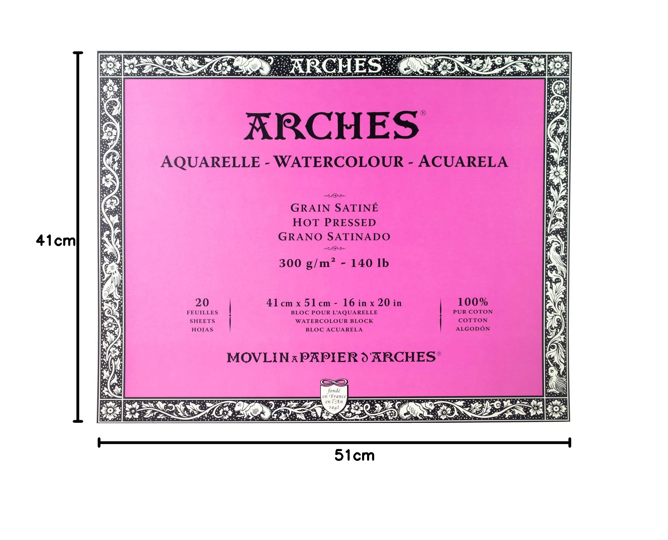 Bloc Enc 4L 41x51 20H Arches Aquarelle 100% Satin 300g Blanc Nat