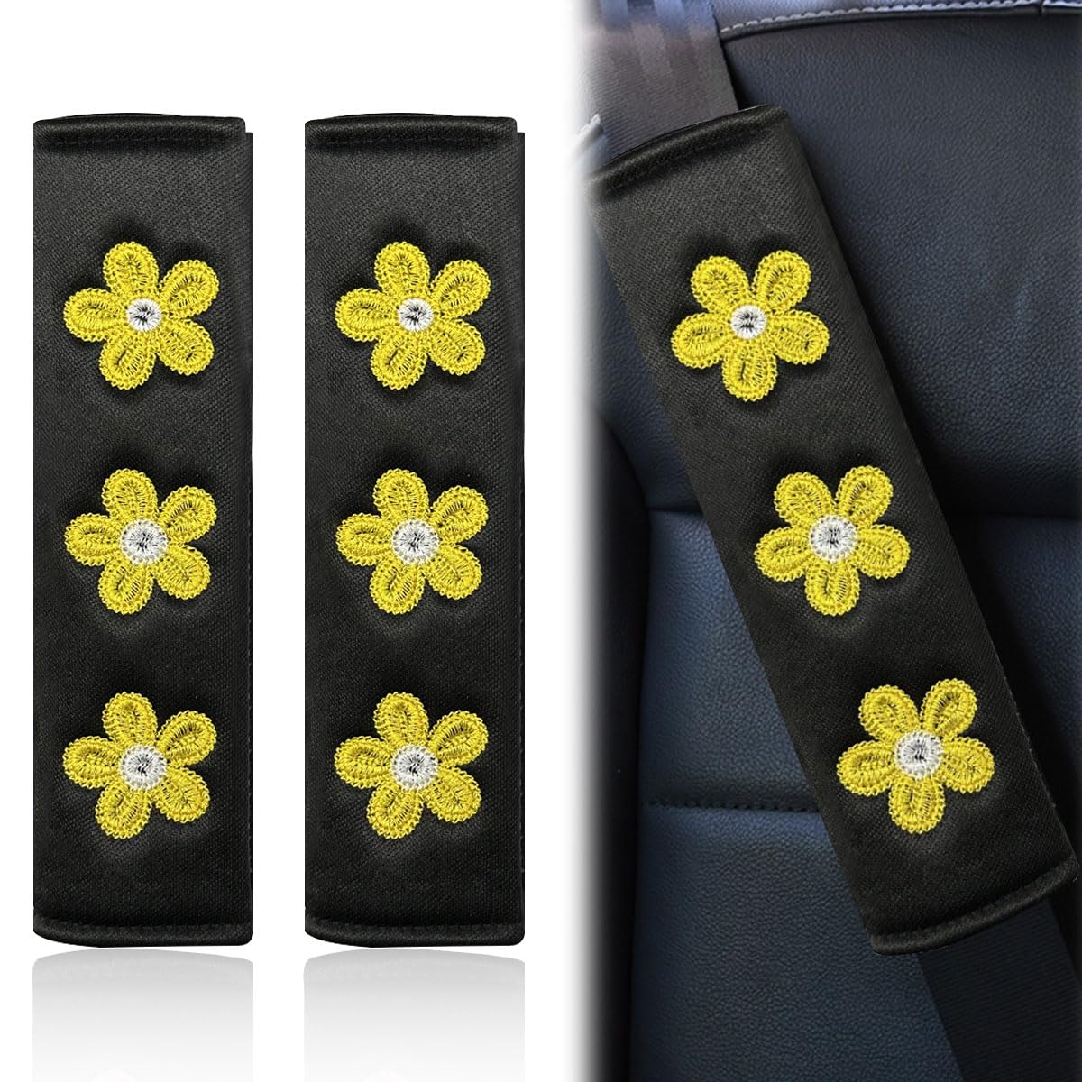 2PCS Daisy Flower Car Seat Belt Cover Pads, Protect Neck, Yellow