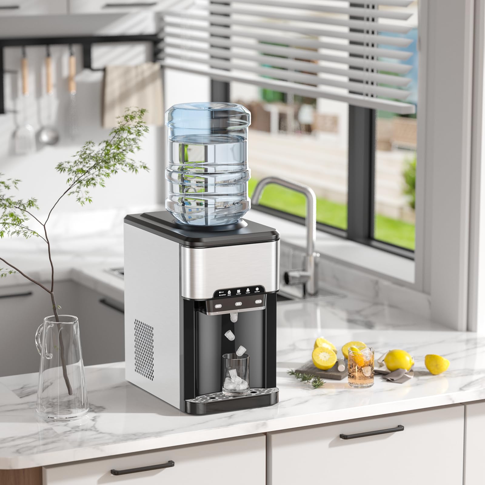 SOARS Machine A Glacons 3 en 1, Distributeur Eau Froide & Chaude, Réservoir d'Eau de 3L, Fabrication Glace 19KG/24H, Refroidissement par Compresseur pour Maison, Bureau