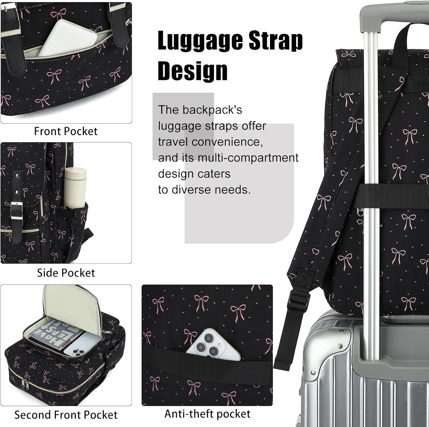 Corduroy Women Travel Backpack, College Laptop Backpack Casual Daypack School Bookbag for 15.6 Inch Laptop (Corduroy Bow Tie Black)
