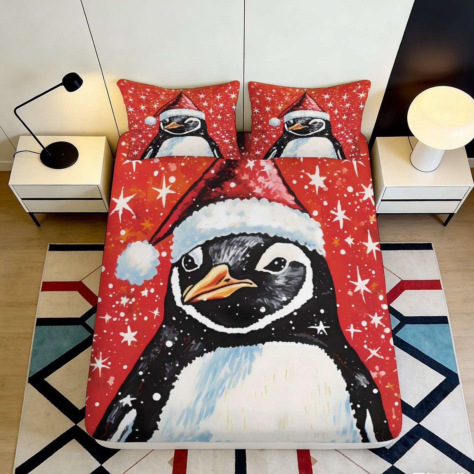 Jqzkxnhpbr Style-5 3D Printed Christmas Penguin Fitted Sheet Microfiber Red Winter Bed Cover For Bedroom Decor Dorm Protection 90X200x25cm