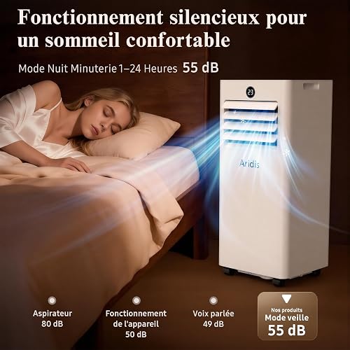 Aridis Climatiseur Mobile 9000 BTU - Climatiseur Portable 4 en 1 Silencieux - Télécommande, Minuterie 24h & Mode Sommeil,Clim Mobile pour Maison et Bureau,Kit d'Évacuation par Fenêtre Inclus - 4