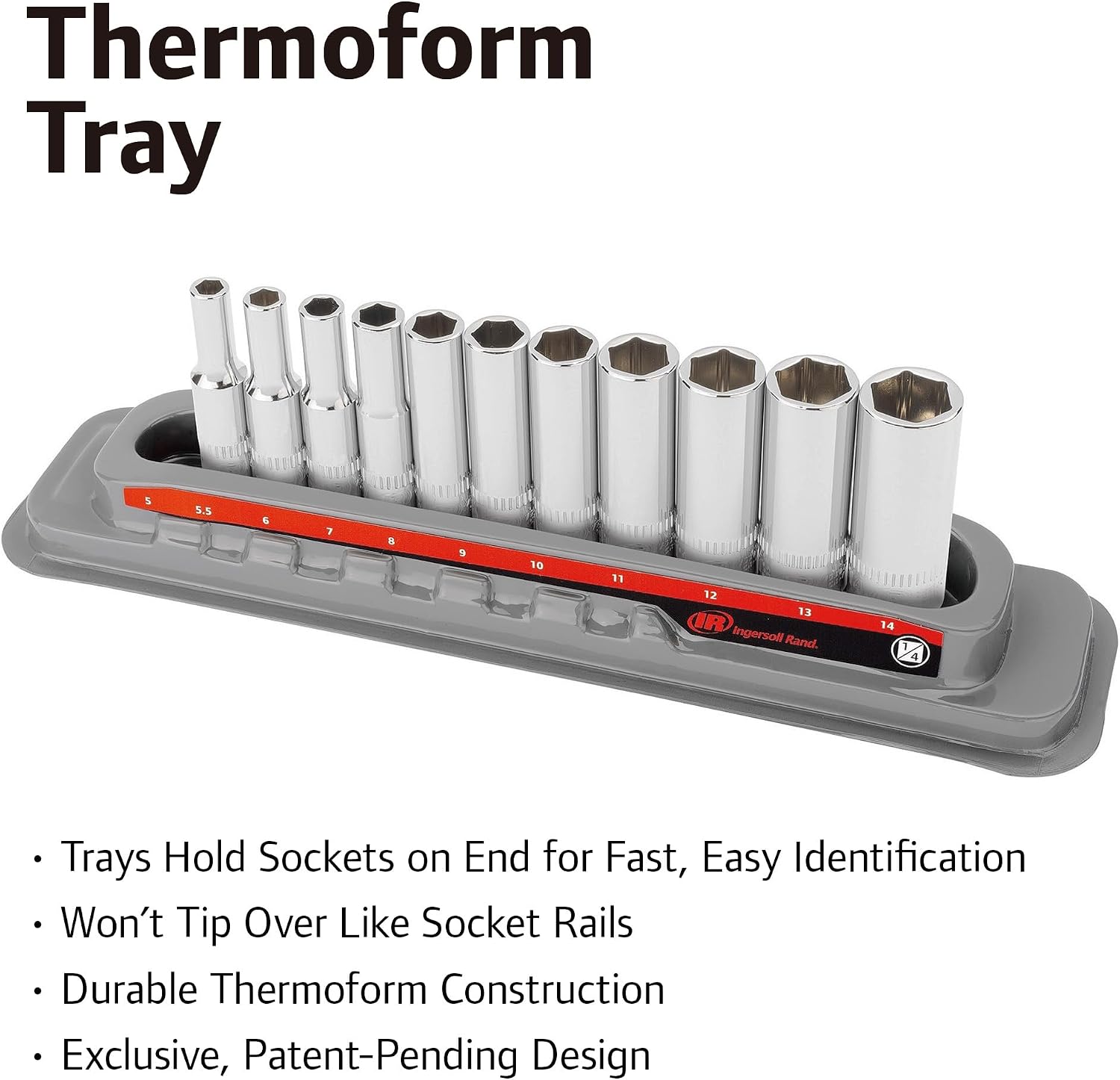 Ingersoll Rand 11 Piece 1/4-Inch Drive Metric Deep Socket Set, 6-Point, Size:5–14mm, Chrome Vanadium Steel, Mirror-Polish Finish, with Thermoform Organizer Tray – 752045X