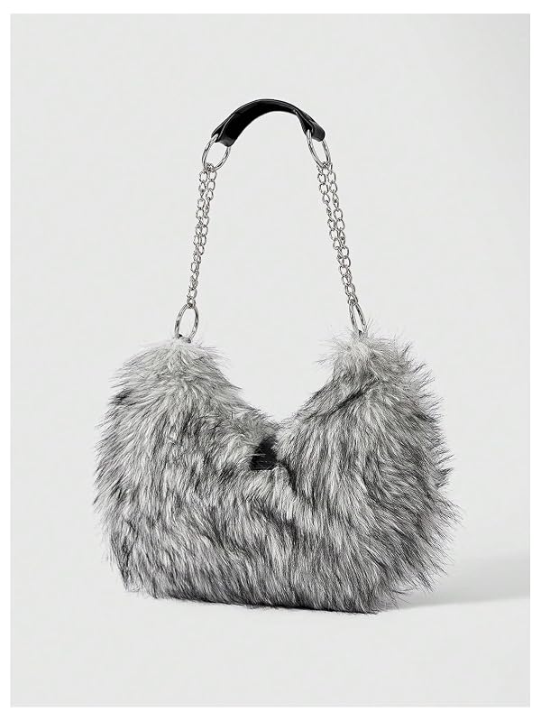 SHENHE Women's Y2k Fuzzy Faux Fur Purse Punk Studded Small Hobo Shoulder Bag Chain Strap Clutch Bag Grey One Size by SHENHE - Used condition - Image 2