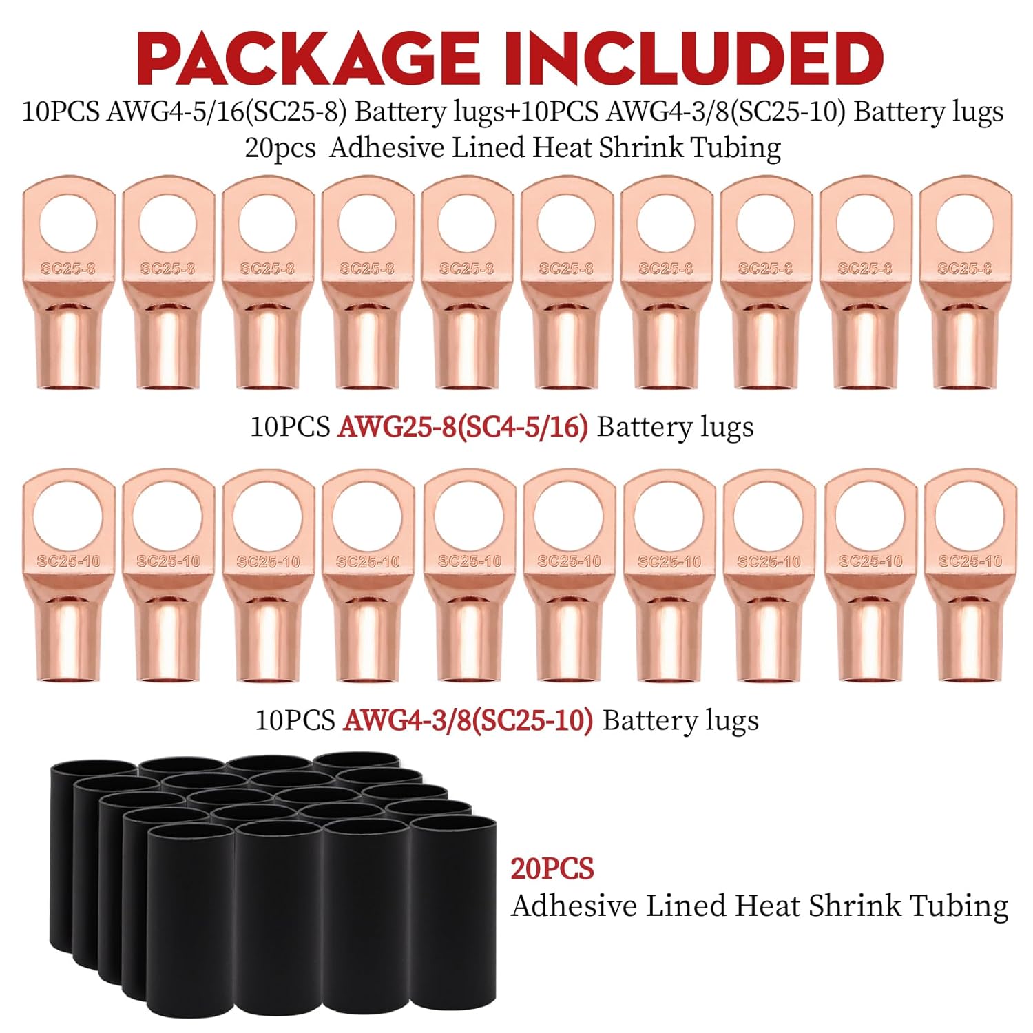 50FT 4 Gauge Wire (25ft Each- Black/Red) Copper Clad Aluminum CAA,with 4ga Lugs and Heat Shrink Tube, Car Amplifier Power & Ground Cable