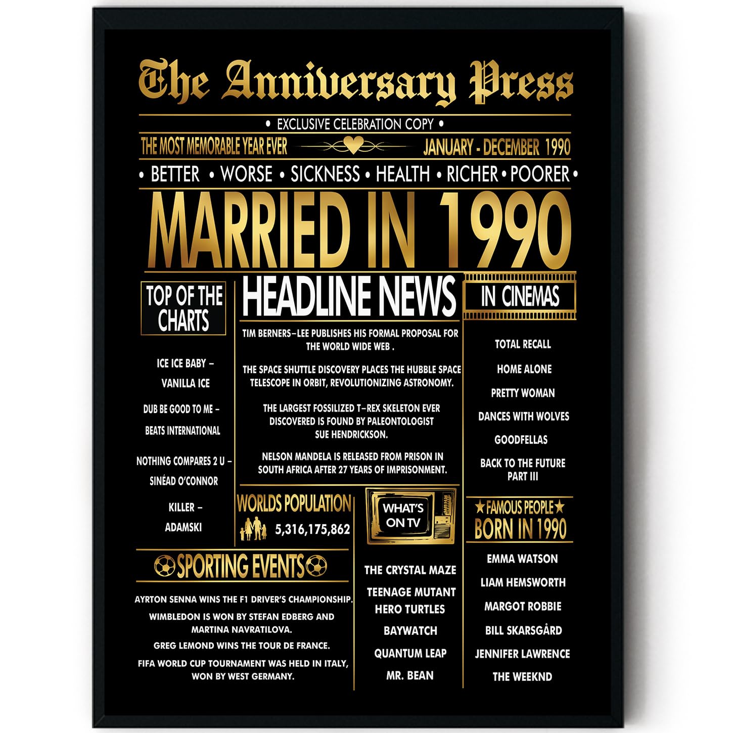 Stuff4 Men's 1990 Gold 36Th Anniversary Poster Framed - Golden Married In Newspaper - 36 Anniversary For Wo Retro Vintage Gifts Back In 8X10 Inch Bday Party Decor Decoration