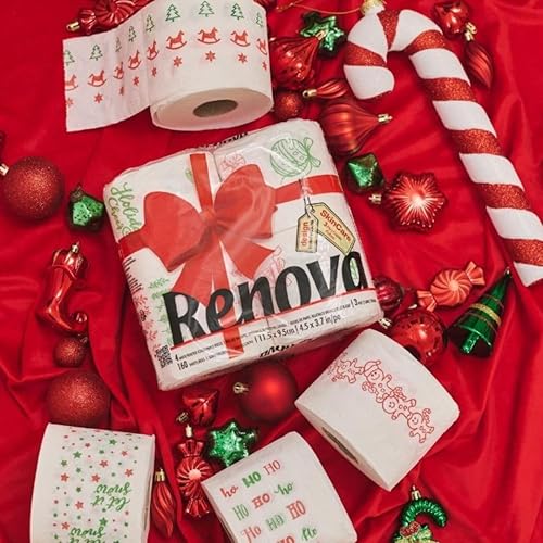 Miniatura 2 de Renova - Paquete de 4 rollos de papel higiénico navideño, 3 capas, 160 hojas por rollo, esencial de baño festivo y divertido para las vacaciones