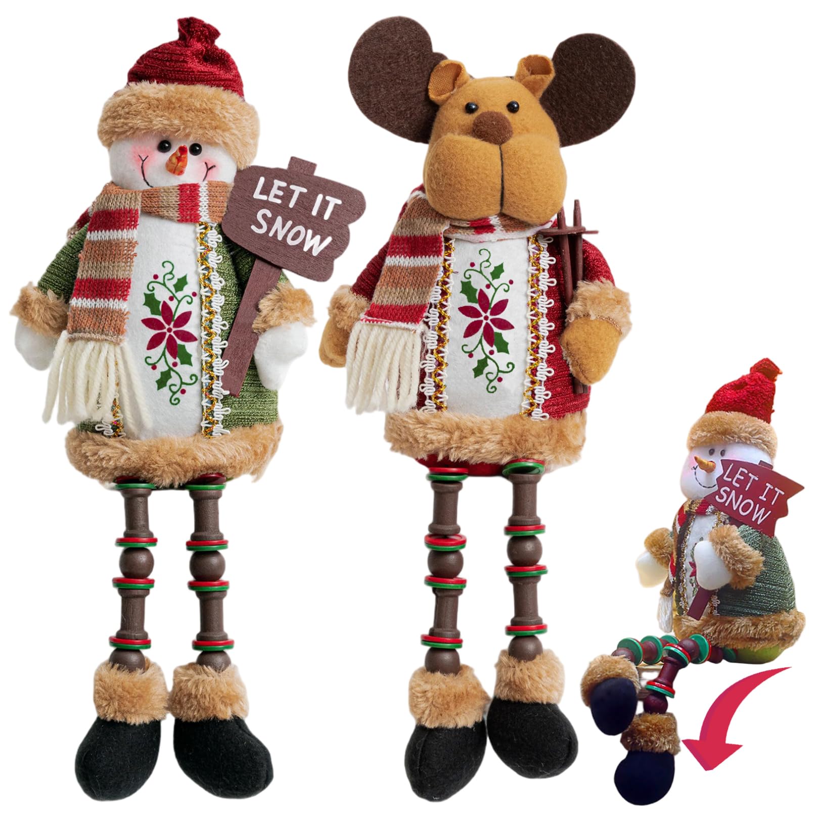 Hbbgdiy Assorted Color Christmas Plush 2Pcs 5.7 Inch Snowman Reindeer Shelf Sitters With Dangling Legs Decorative Christmas Ornaments For Home Table Fireplace Office