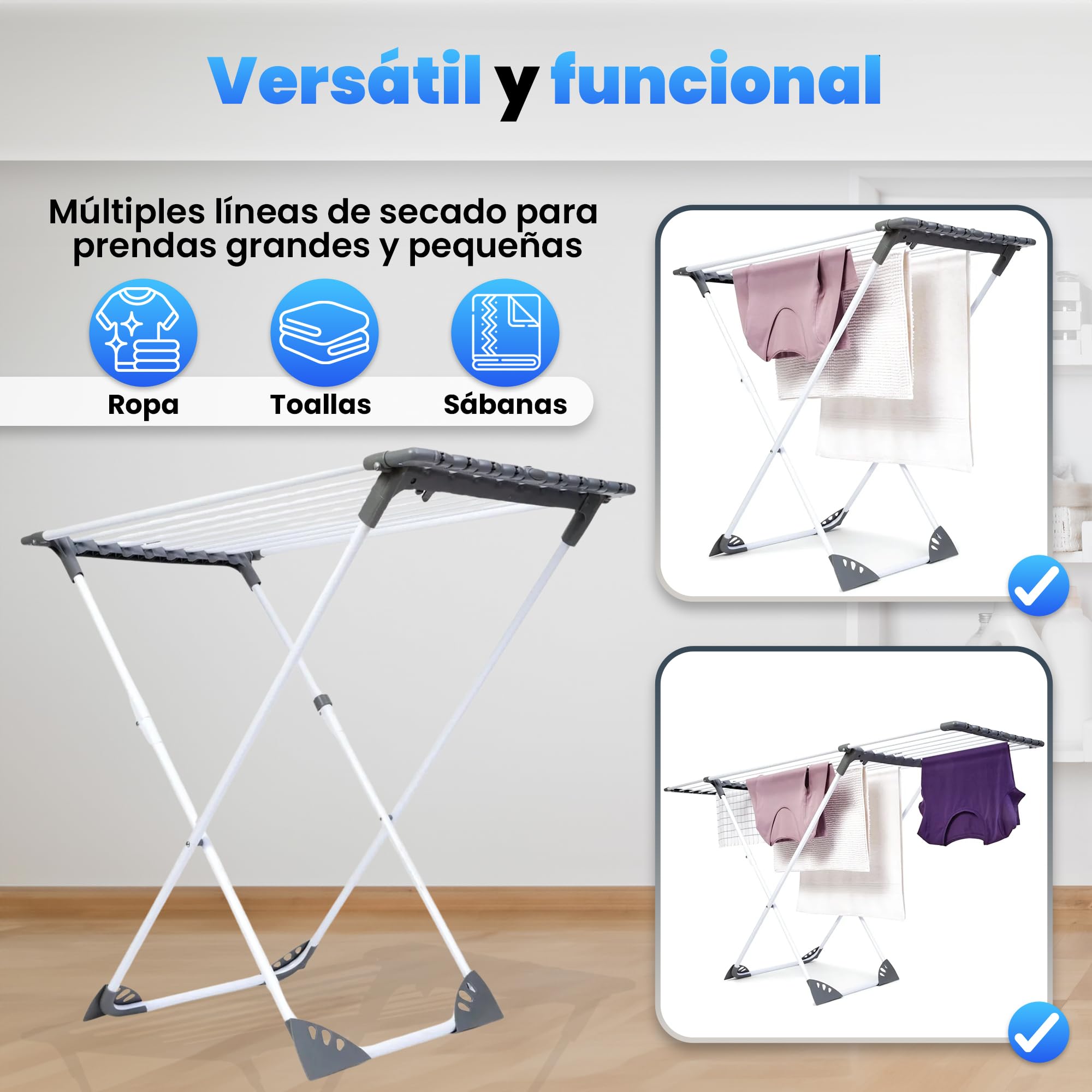 Tendedero Extensible y Plegable de Aluminio Resistente a la corrosión– Tenderete de Ropa Portátil con Capacidad de hasta 18 metros de Secado – Compacto y Resistente – Ideal Interior y Exterior