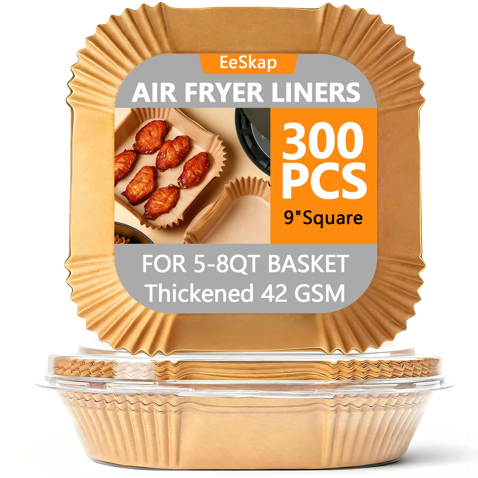 300 Pcs Unbleached Air Fryer Liners 9 Inch, Non-Stick Disposable Parchment Paper Squares for Air Fryer, Microwave, Steamer &amp; Oven – Oil-Proof, Waterproof, Ashesive-Free (8" Bottom)