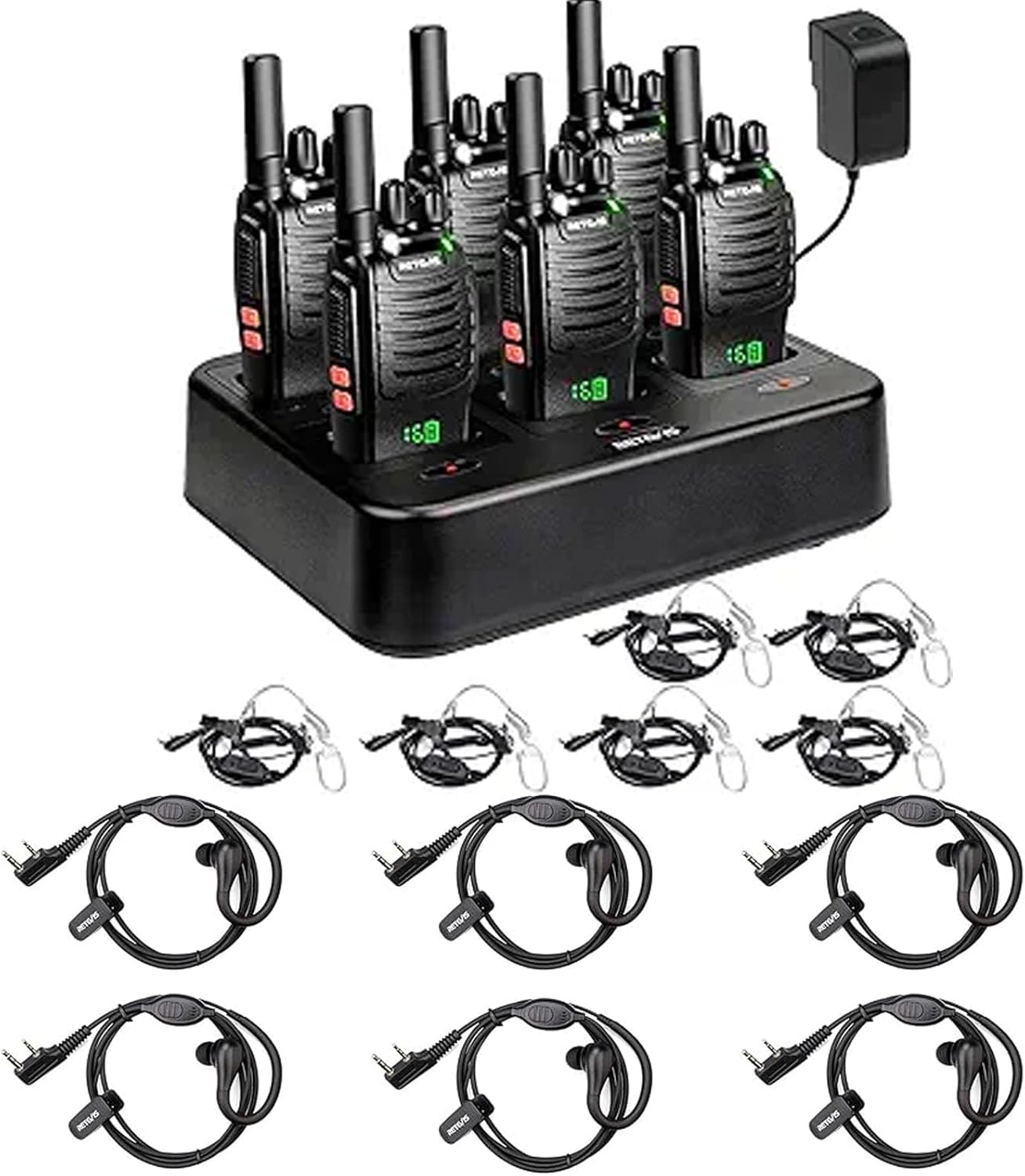 Retevis H-777H Walkie-Talkies(6 Pack) with Walkie Talkie Earpiece(6 Pack), with 6 Way Gang Charger, Hidden LED Segment Displays, Flashlight, USB-C, VOX, Portable FRS Two-Way Radios