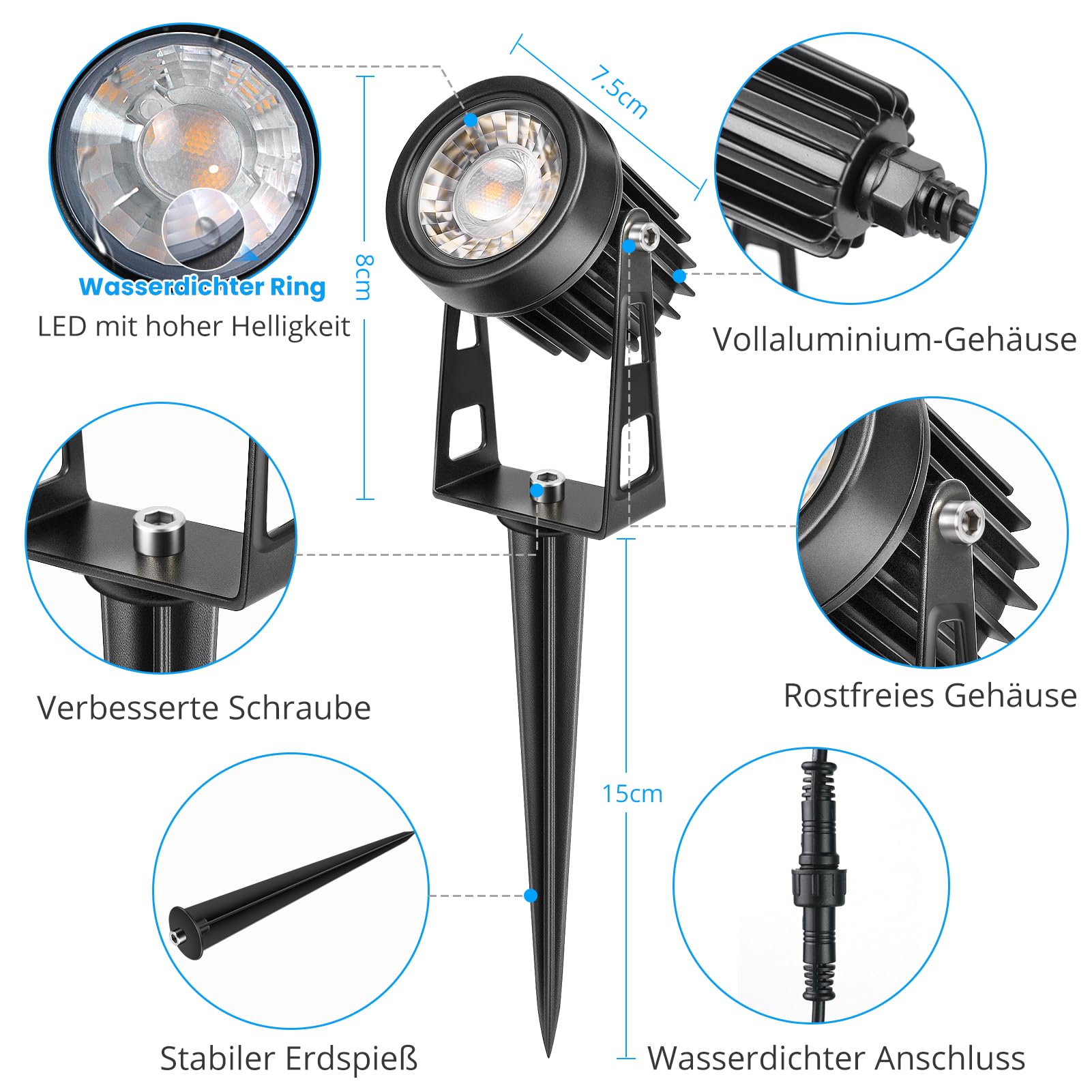 LightingWill Gartenstrahler LED Außen Wasserdicht mit Erdspieß, Gartenbeleuchtung mit Dämmerungssensor & Timer, 8er Set, 3000K Warmweiß, IP65 Gartenspots für Garten, Weg, Terrasse, Einfahrt