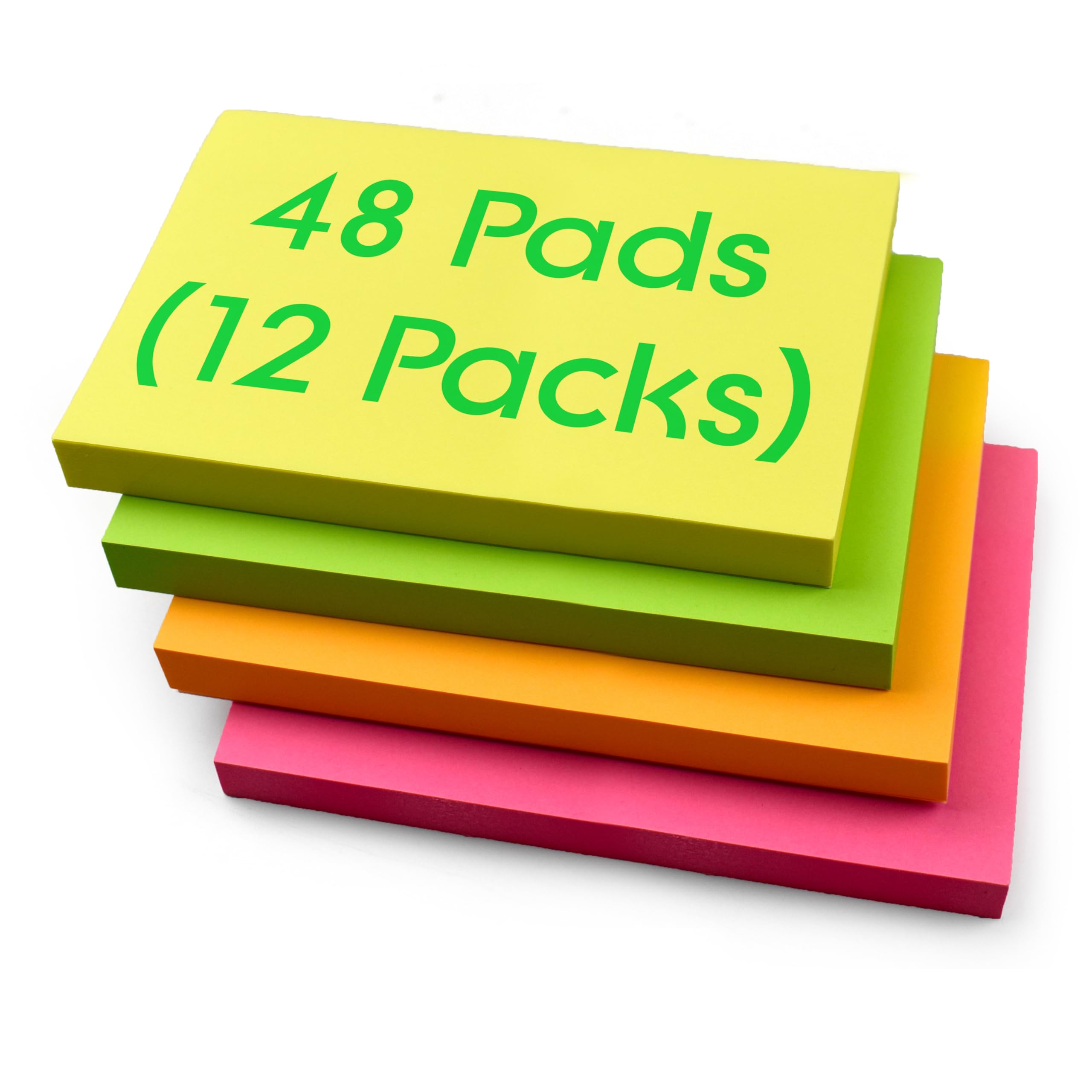 48 Blöcke, rechteckige Haftnotizen, 127 x 76 mm, Neonfarben, Gelb, Rosa, Grün, Orange, 100 Blatt pro Block, selbstklebende Notizen für Büro, Schule, Zuhause