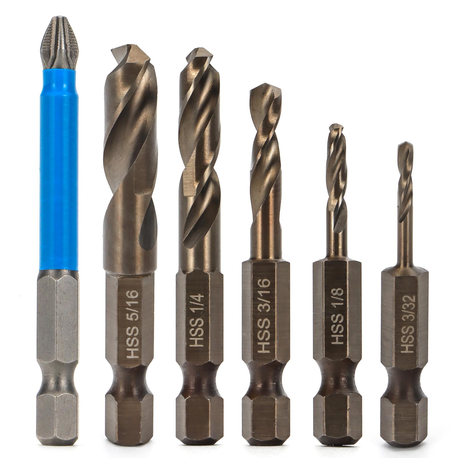 Kodilin 6pcs M35 Cobalt Stubby Drill Bit Set for Stainless Steel & Hard Metals, with 1/4" Hex Shank for Quick Chucks & Impact Drivers, SAE Sizes 3/32"