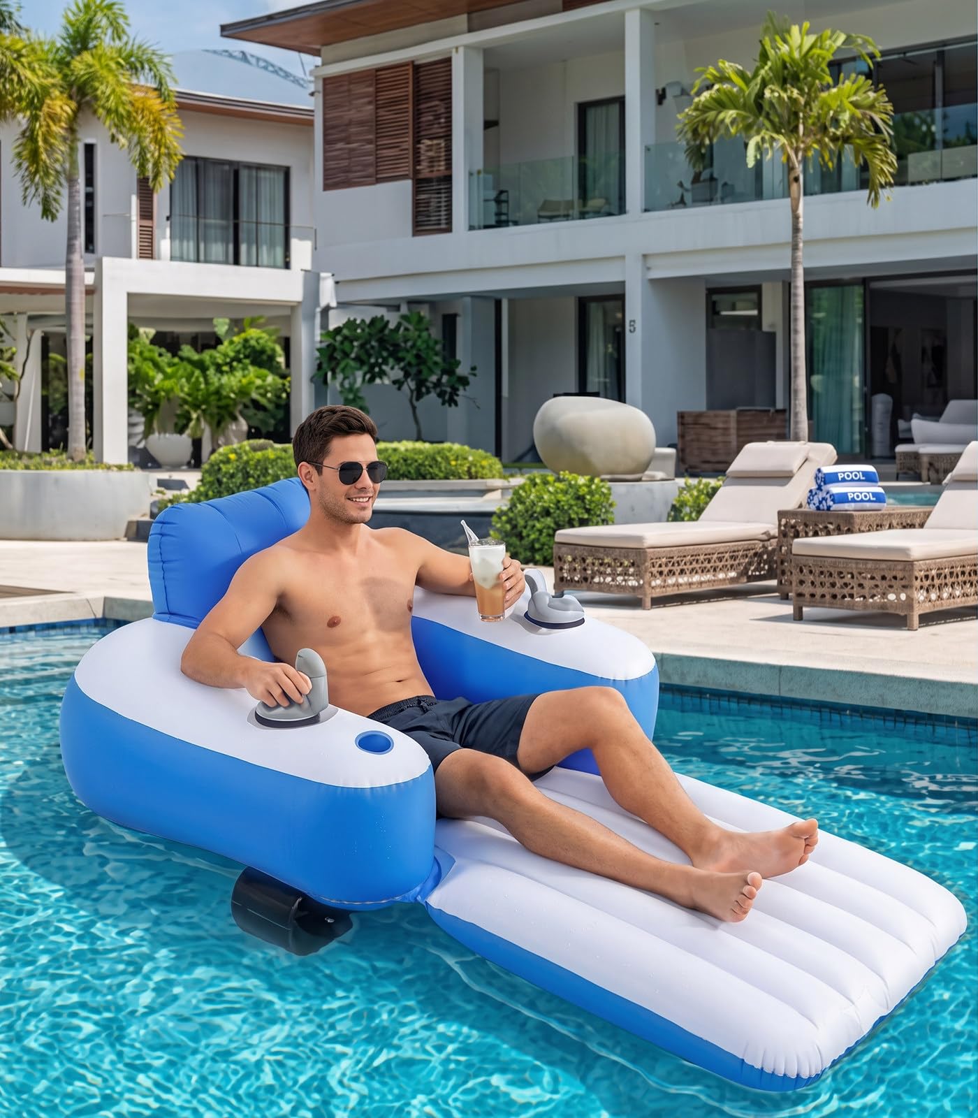 Kindevieft Motorized Pool Float for Adults, Joystick Control, 360° Control，Backrest, Cup Holder B-Rectangular