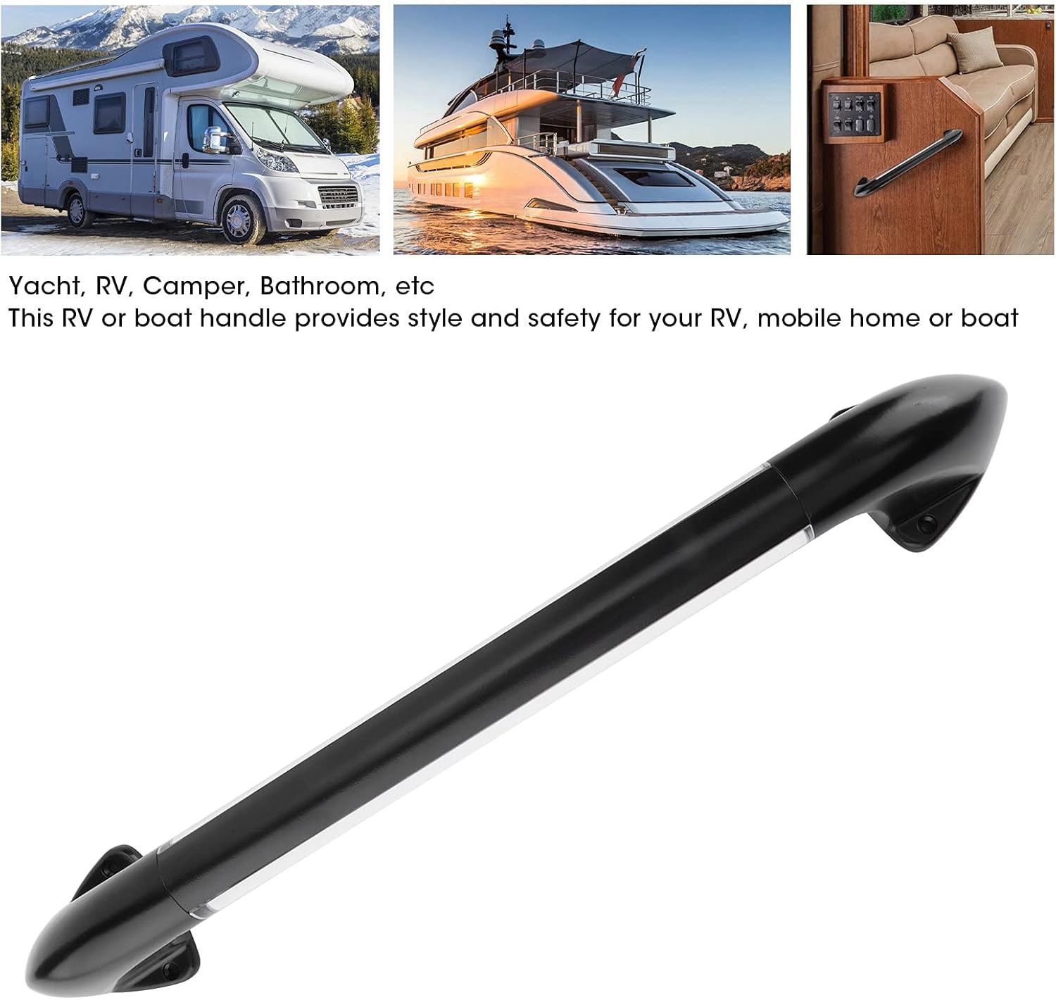 457mm LED Illuminated RV Handrail – 12V/24V Zinc Alloy Grab Handle with Blue Light Button Switch, 350lb Load Capacity, for Boats, Campers, Bathrooms, Stairs (Black)