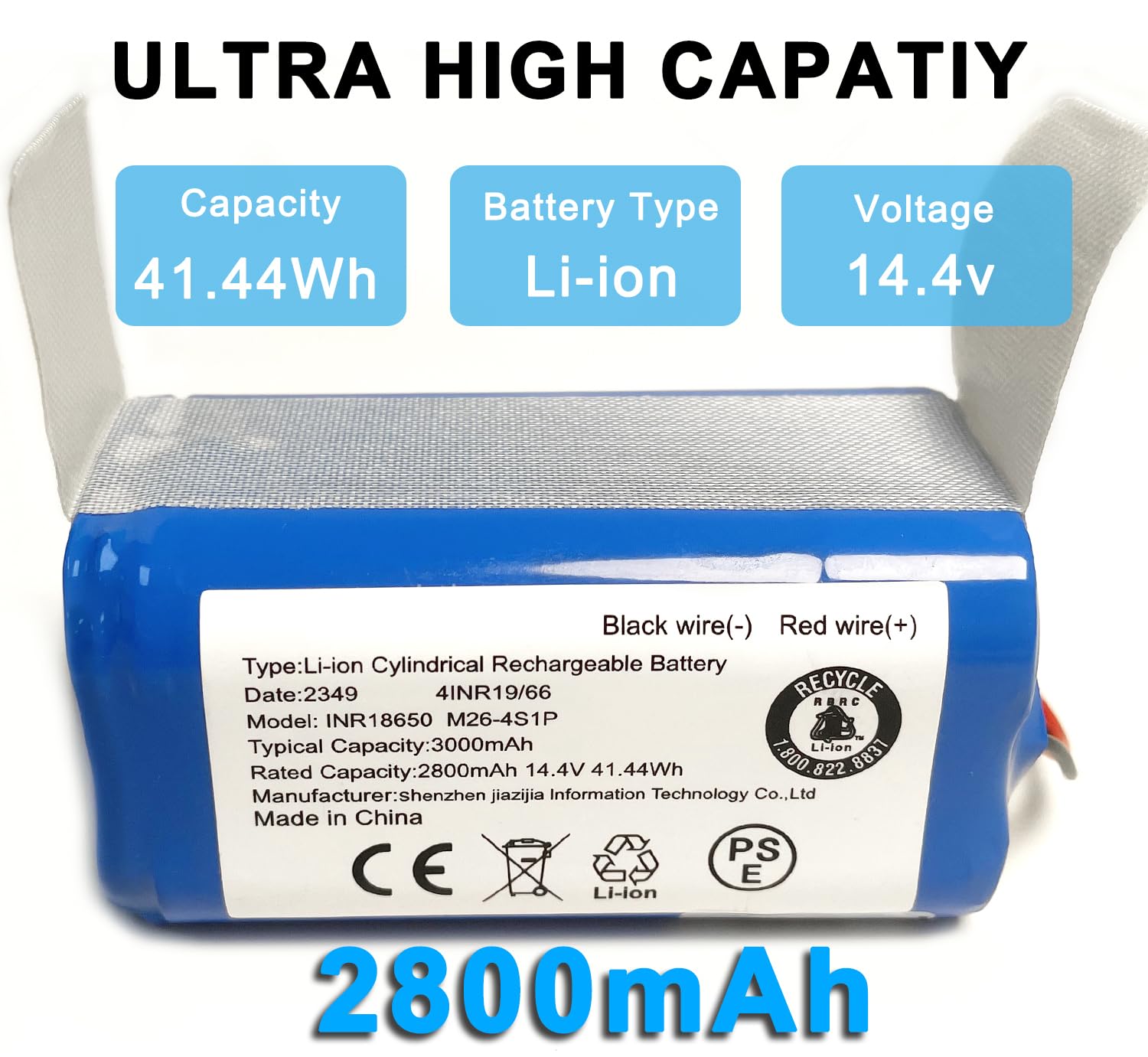 XITAIAN 14.4V 2800mAh INR18650 M26-4S1P Akumulator Zapasowy do Shark Ion RV1000S RV1100VL RV101AE UR1000SR RV850 RV850BRN RV850WV RV851WV RV871 RV871C RV700_N RV720_N RV725_N (2-Prong Plug)