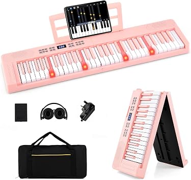 COSTWAY 61 Key Folding Digital Piano Keyboard, Portable Full Size Electric Piano with MIDI & Split Function, Headphone, Sustain Pedal, Carrying Bag, for Beginners, Kids, Adults Pink