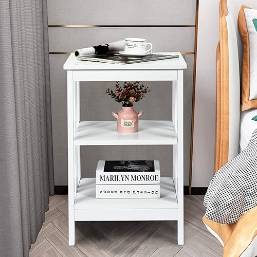 Miniatura 17 de Giantex Mesita de noche de 3 niveles, mesa auxiliar moderna con estantes de almacenamiento y barras reforzadas, mesas de noche versátiles, mesa