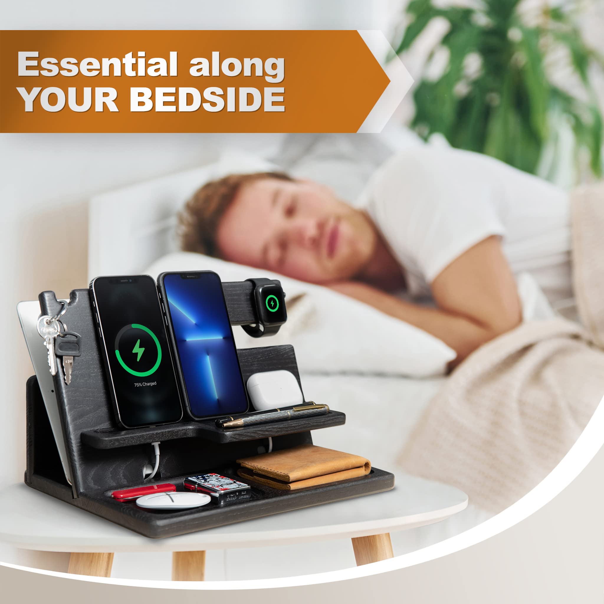 Teslyar Docking Station in Legno per telefono dalla Cenere con ganci con Svuota tasche e Porta Orologio Natale Regalo da uomo per orologi compatibile con iPhone iWatch AirPods (Nero)