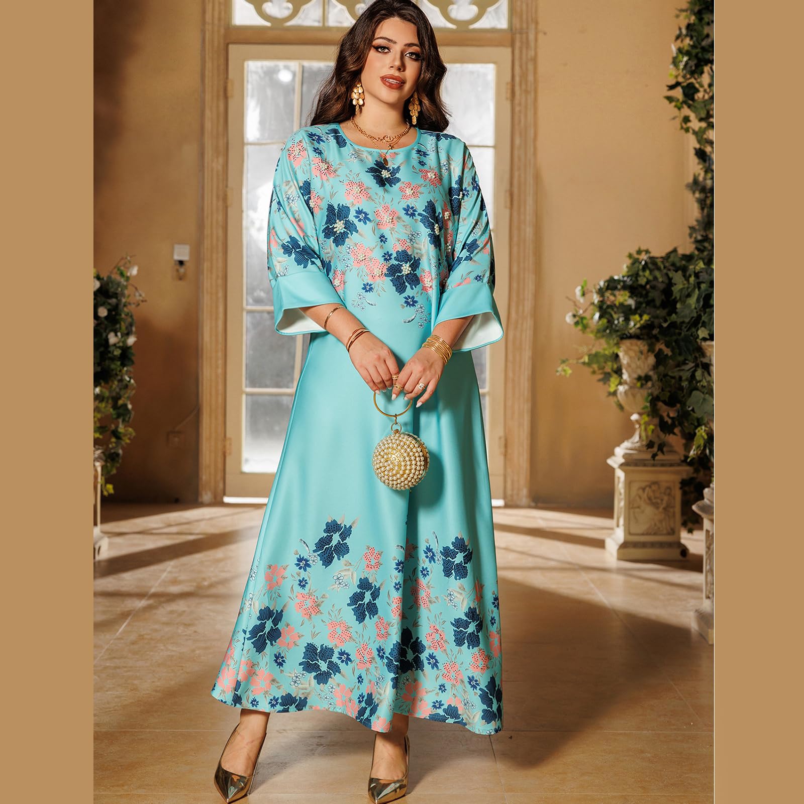 Vestido de caftán para mujer, vestido de túnica de Oriente Medio, estampado de flores, vestido de oriente Medio, vestido casual diario