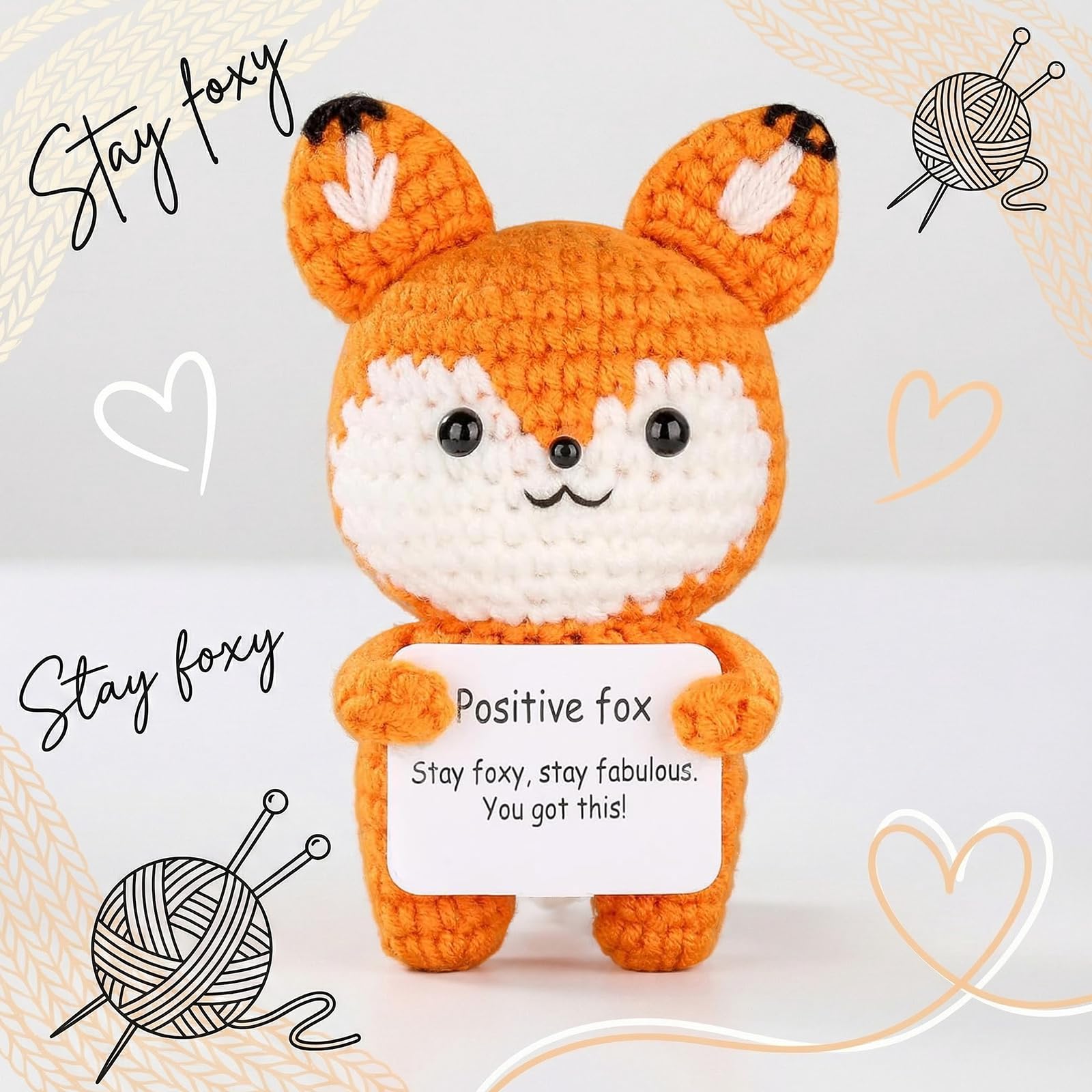Rudfovn Crochet Fox Toy, Mini Emotional Support Handmade Positive Fox Gifts for Women Men with Positive Card - Image 2