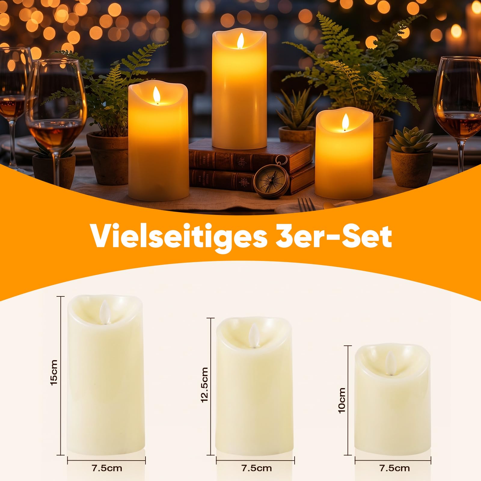 SALCAR Zestaw 3 świec LED, bezpłomieniowe świece LED, ciepłe światło z baterią, migoczące światło LED, 15 cm, 12,5 cm, wysokość 10 cm, dekoracyjne świece LED na kolację, urodziny, imprezę