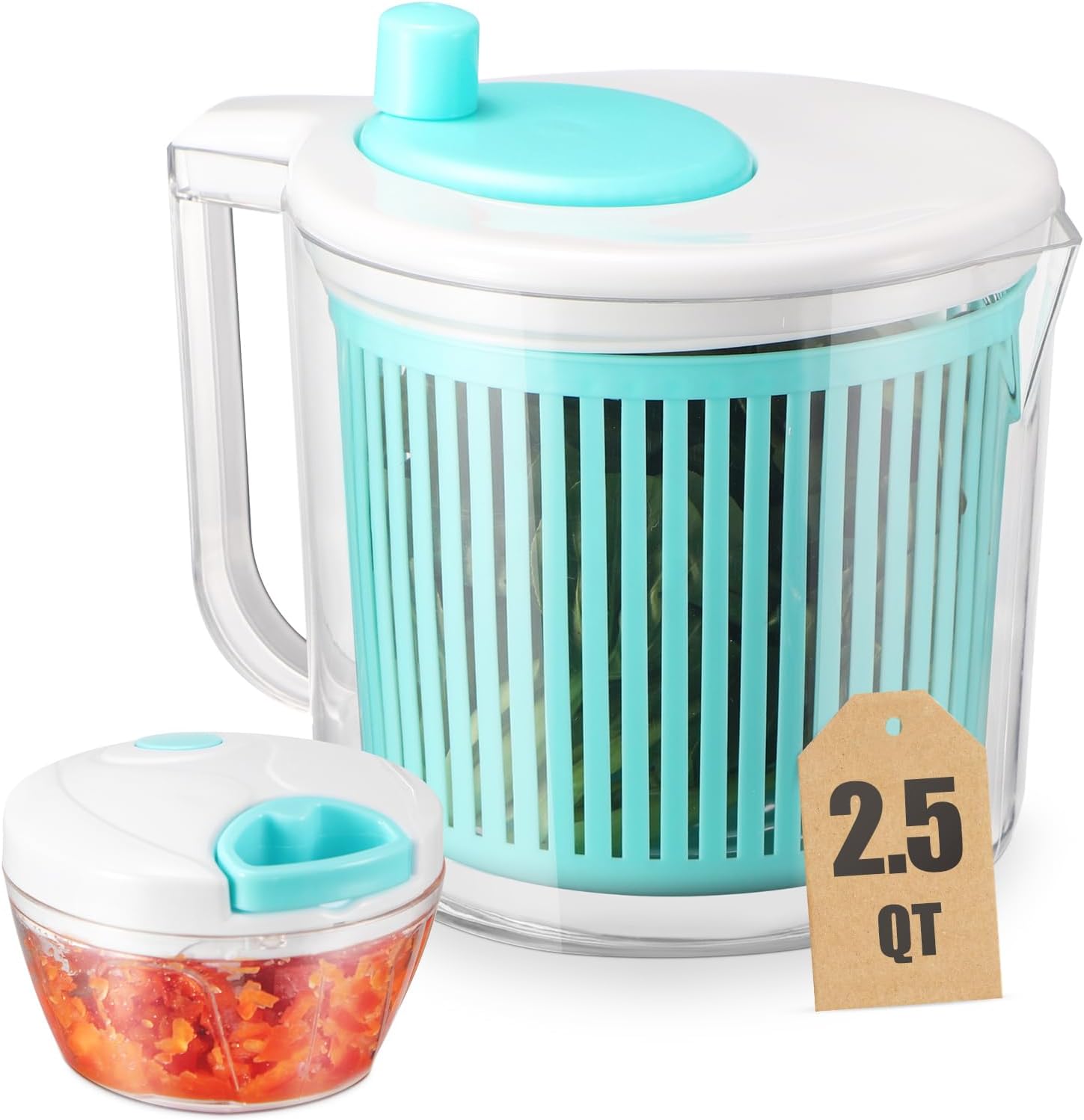 Salad Spinner with Chopper Set๏ผ2.5Qt Lettuce Spinner with Built-in Colander and Measuring Cup Bowl๏ผSmall Plastic Fruit Cleaner Pasta Dryer Herb Cleaner๏ผSingle Serve Quick Veggie Prepping Set