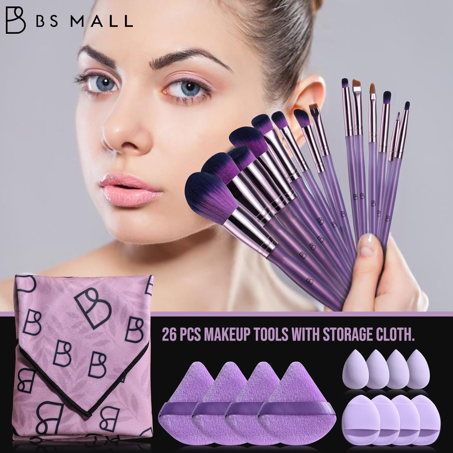 BS-MALL 14 Pcs Travel-friendly Makeup Brush Set With Eyeshadow Brush, Foundation Brush, Triangle Puff & Finger Sponges, Mini Makeup Sponge & Magic Tape Storage Bag For Daily Use