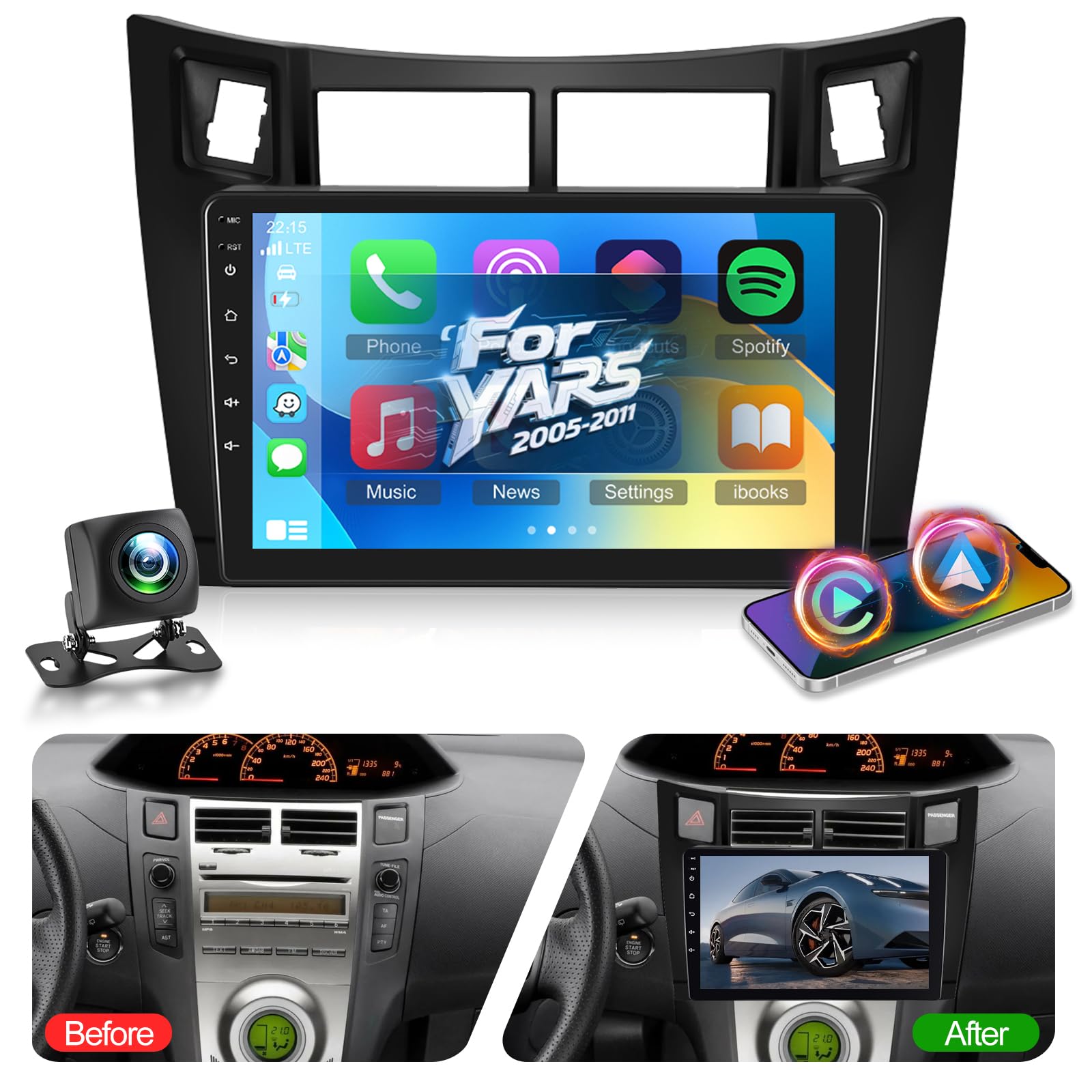 NHOPEEW 2G+64G Android Autoradio per Toyota Yaris 2005-2011 - Senza fili Carplay e Android Auto - 9 pollici Stereo con WiFi GPS FM RDS + Telecamera posteriore&Mic