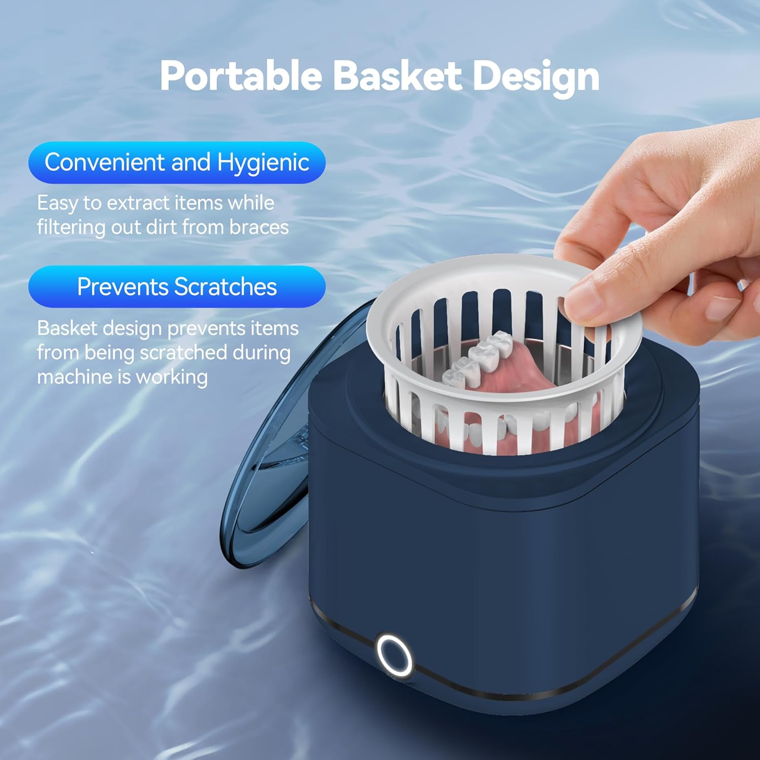 Retainer Cleaner, 48kHz Ultrasonic Retainer Cleaner Machine for Denture, Mouthguard, Braces, Night Guard, Aligner, Toothbrush, Jewelry with 7.8OZ Dental Cleaning Pod-Blue