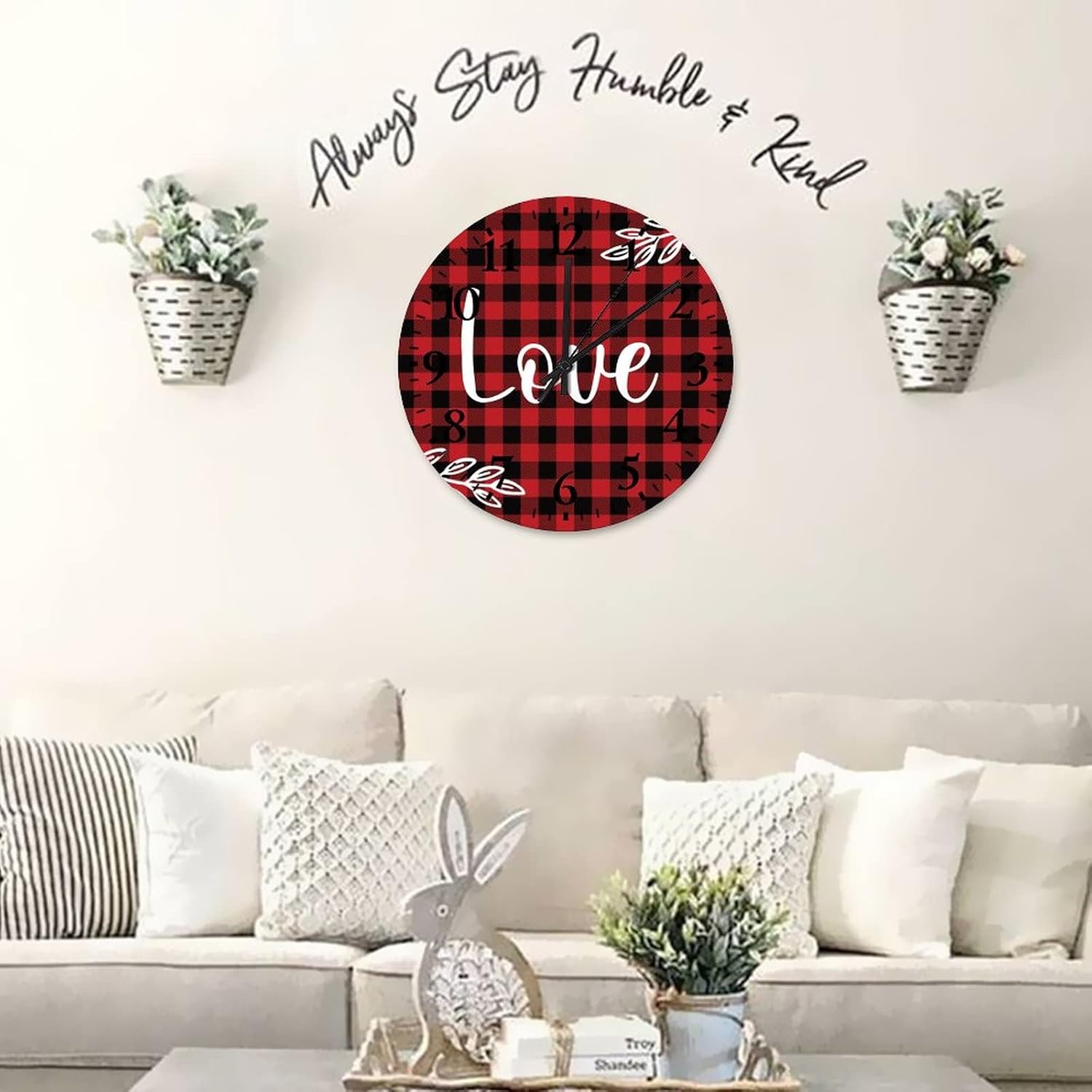 Wood Wall Clocks Valentine's Day Love Kitchen Clock Battery Operated Arabic Numeral Buffalo Plaid Check Love Quote Round Clock for Home Office School 15 Inch
