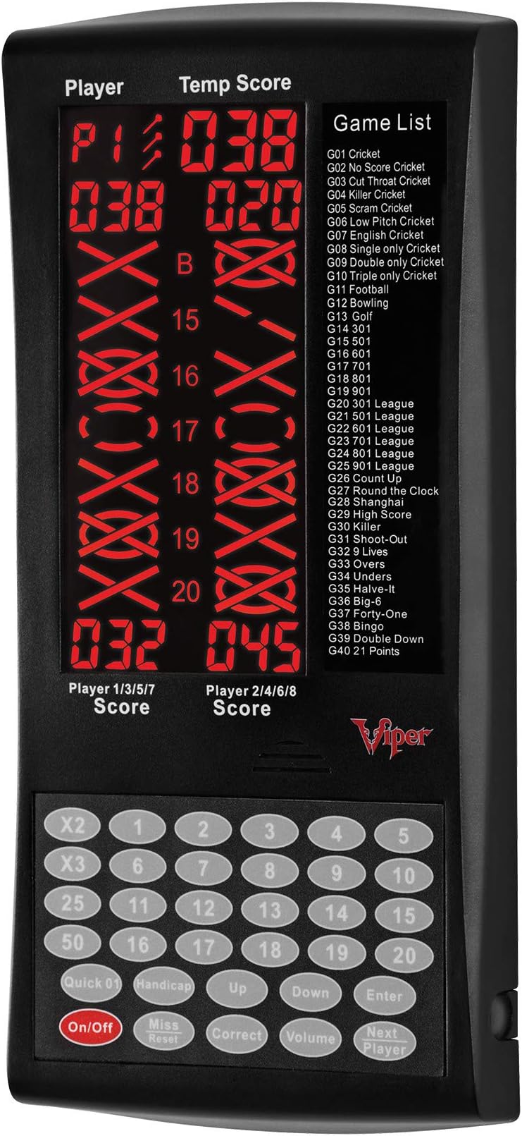 Viper ProScore Digital Dart Scorer Electronic Dartboard Scoreboard for Up to 8 Players, with 40 Games and 655 Game Options, Including Cricket and X01