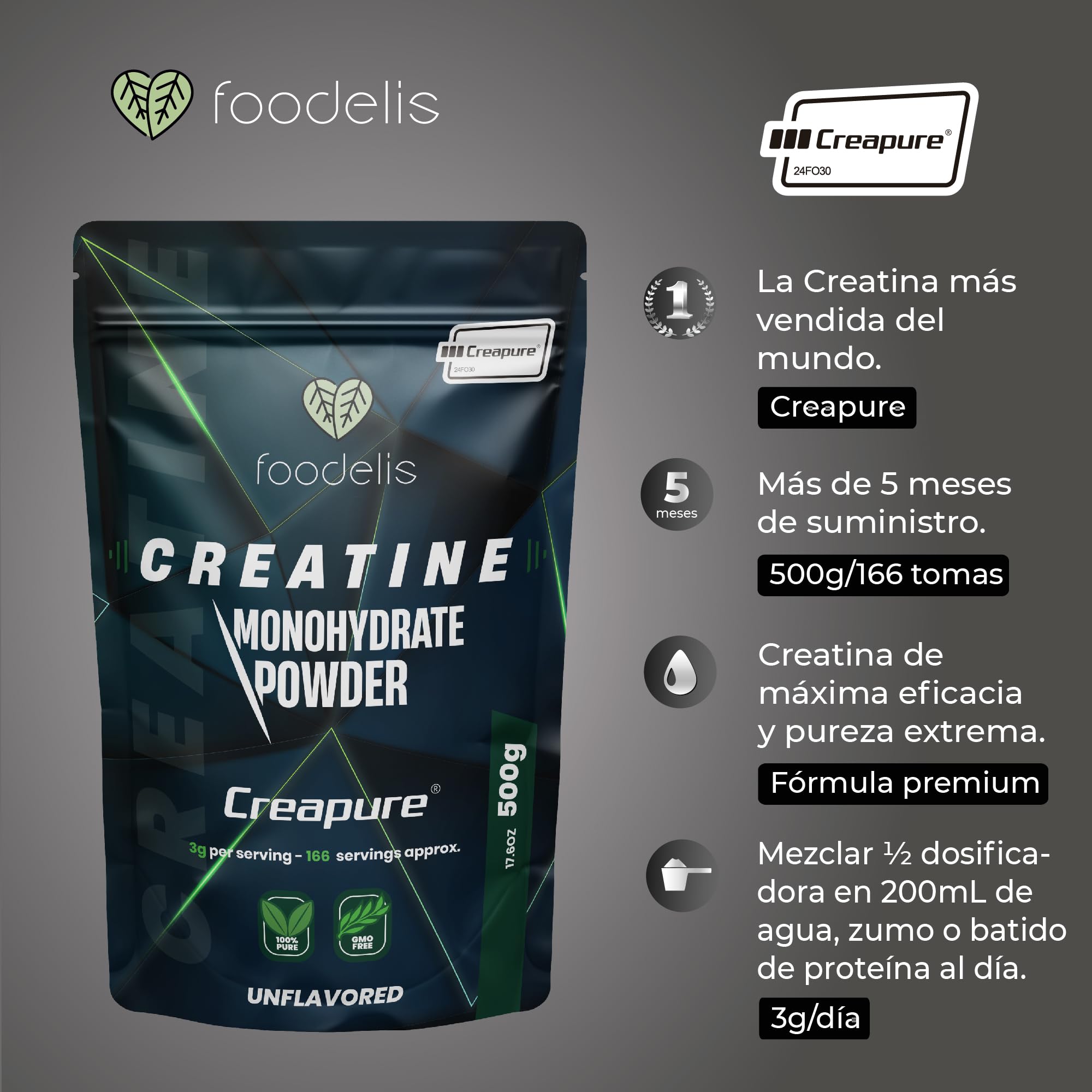 Foodelis Creatina creapure 500g en polvo - 100% creatina monohidratada creapure - Sin sabor, No-GMO, Pura sin aditivos -Incluye dosificador - Alta solubilidad