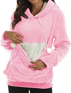 2025 - Sudadera gruesa con capucha para mujer en invierno con bolsillo grande, color sólido, sudadera con capucha para mascotas, suéter para niños, Rosa., XXL