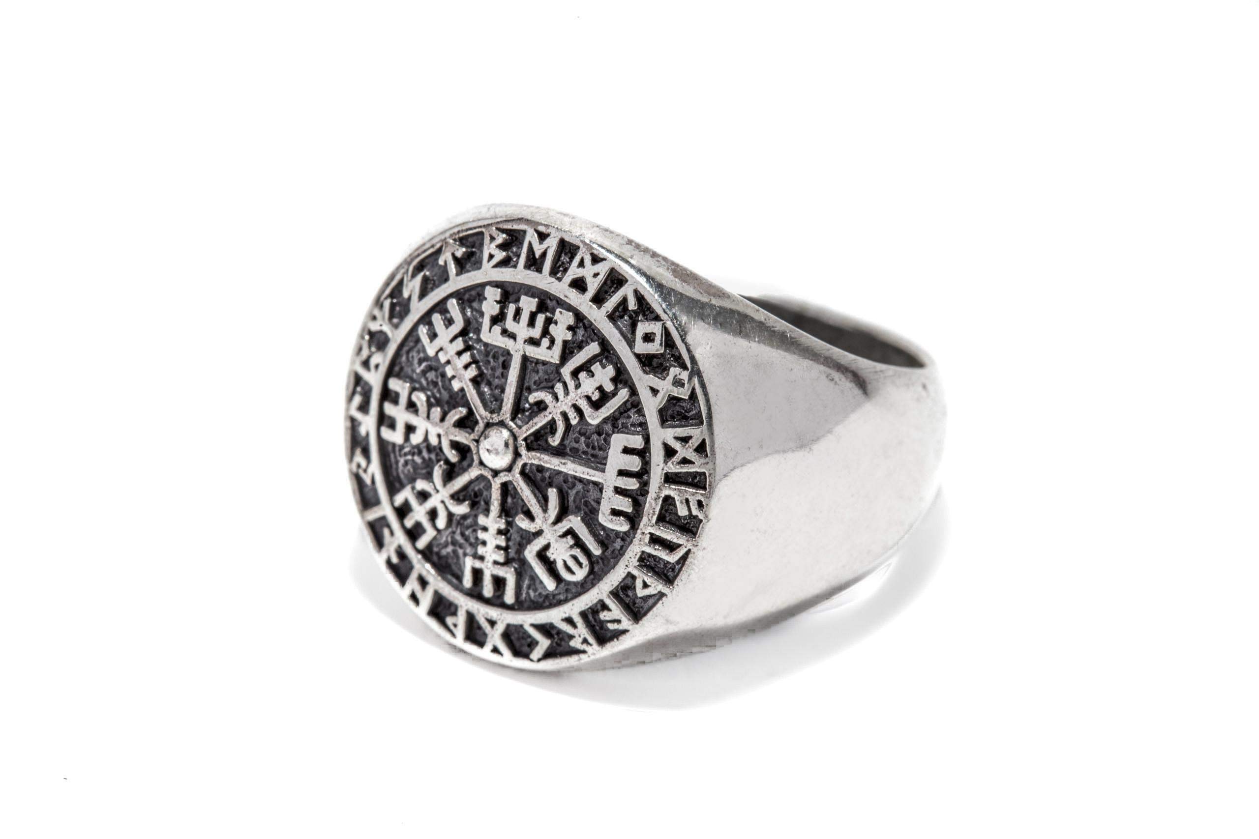 Windalf 925 Sterlingsilber Runen Vikings Ring VEGVISIR 18 mm Wikinger Kompass Siegelring