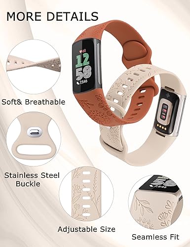 Miniatura 4 de Minyee Paquete de 3 bandas grabadas florales compatibles con Fitbit Charge 6 bandasFitbit Charge 5 bandas para mujer, lindo diseño de flores de