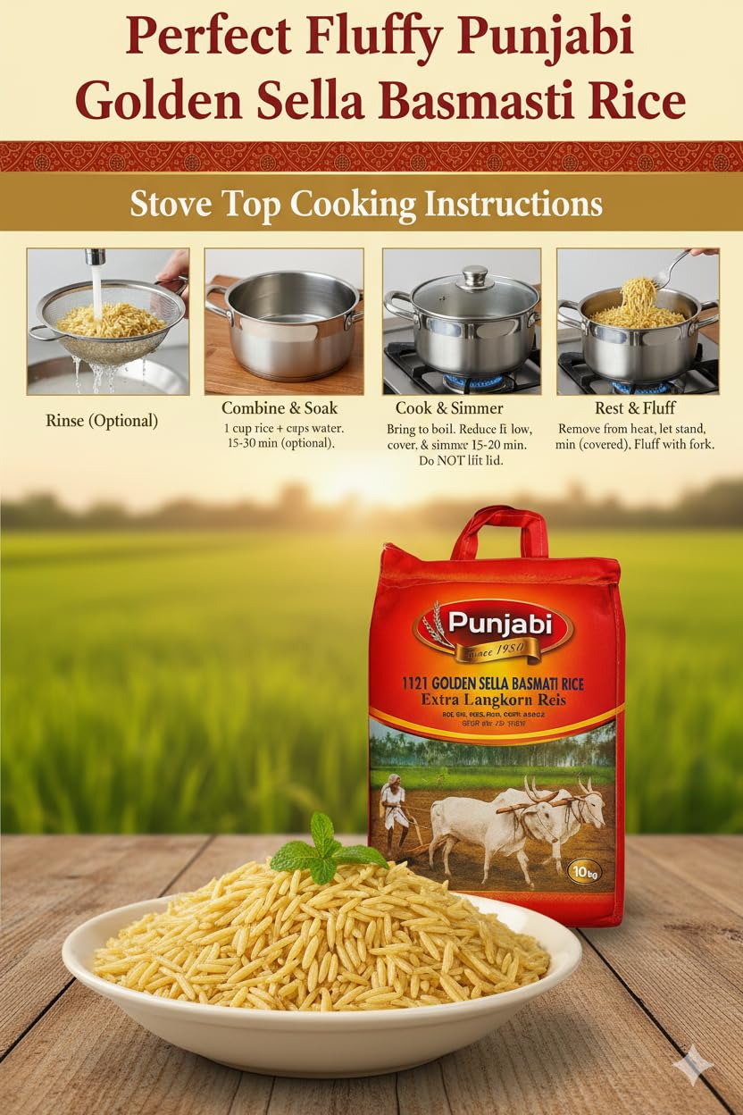 Punjabi 1121 Golden Sella Basmati Rice Extra Langkorn Reis 10kg