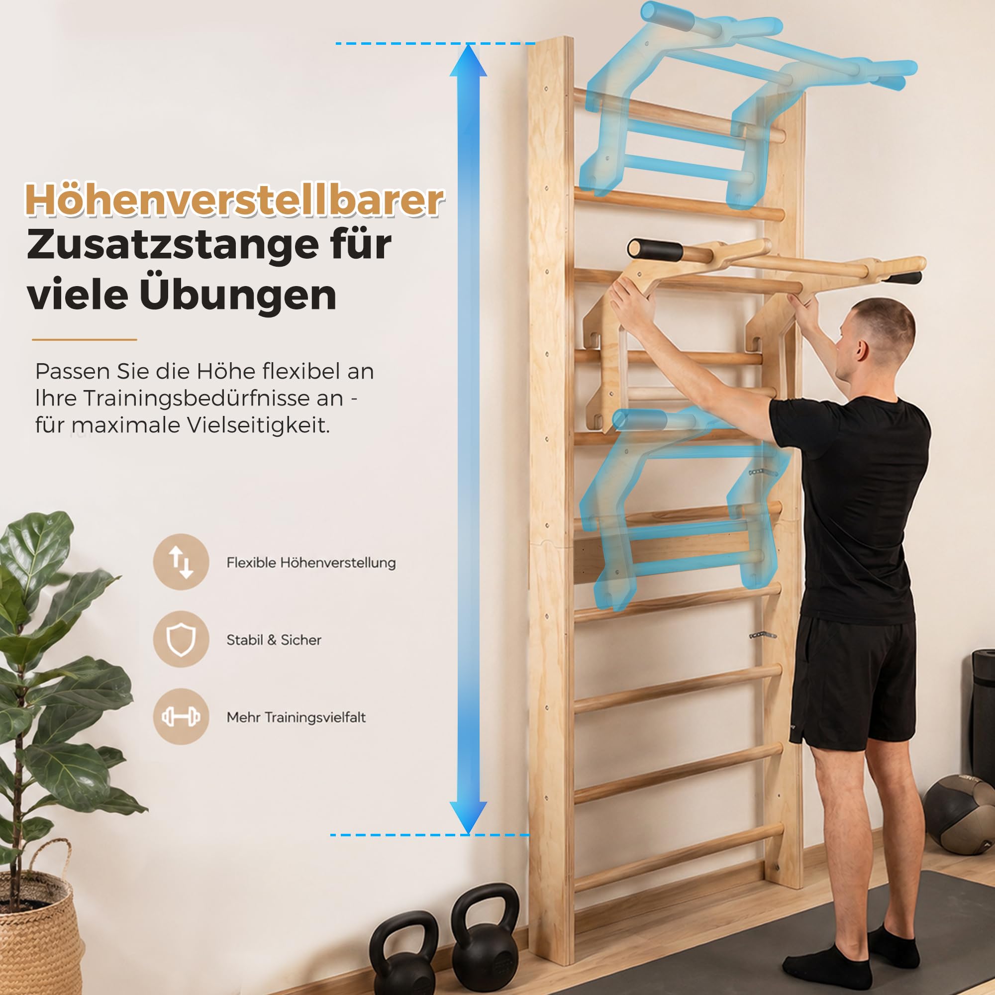 4 IN 1 Sprossenwand mit Klimmzugstange & Dip Extension, 150kg Wandmontage Schwedenleiter mit 4EVA-Griffbezüge & Widerstandsbänder & Gymnastikringe, Holz-Kletterwand Sprossenwand für Erwachsene, Kinder