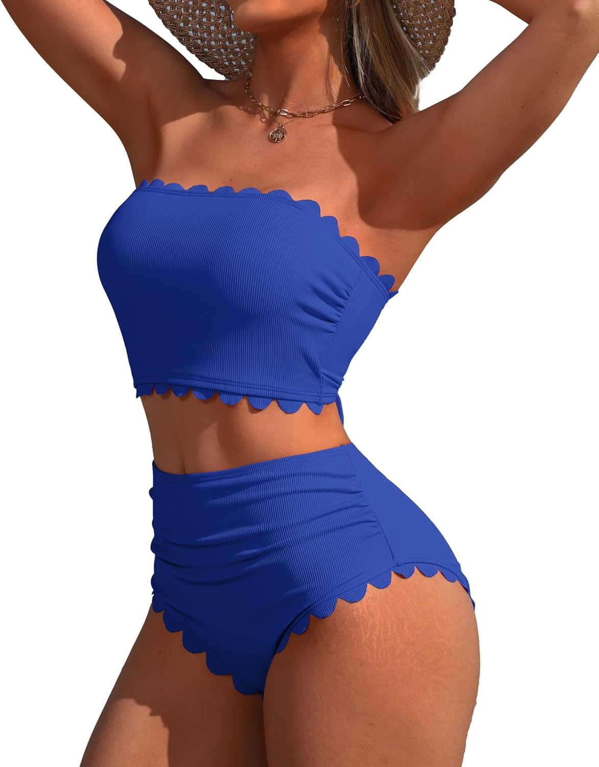 Charmo Strapless High Waisted Bikini Sets for Women Tummy Control Scallop Ribbed Bandeau Swimsuit Lace up Bathing Suits
