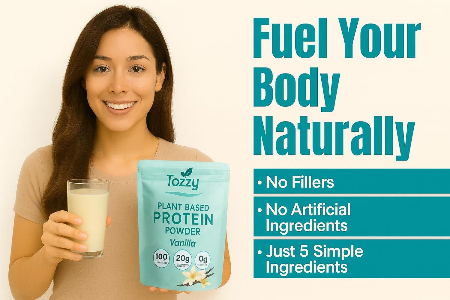 TOZZY Organic Vegan Protein Powder, Vanilla | 35 Servings | 20g Plant-Based Pea Protein | 5 Simple Ingredients | 0g Sugar | Keto | Gluten- & Dairy-Free (2.25 lb)