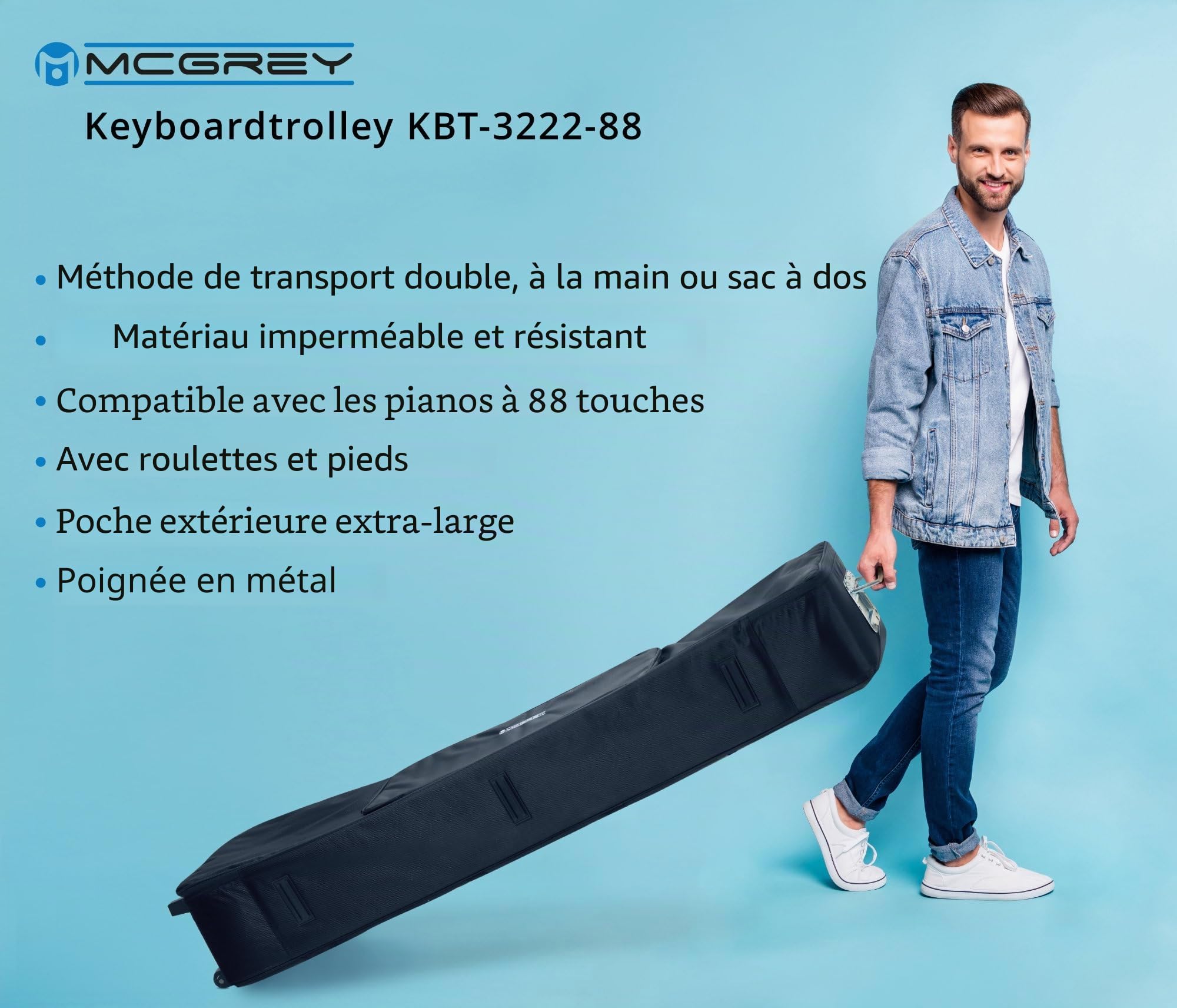 McGrey KBT-3222-88 Keyboardtrolley, Poignée auto-agrippante, Poids: 3 kg | Valise roulante légère pour pianos 88 touches, Matériau résistant à l'eau, protège contre l'humidité & la poussière