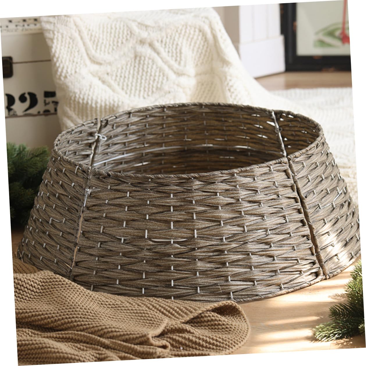 Falda para Árbol de Navidad Rústica Pequeña Gris Cubierta Decorativa de Base para Árbol Collar Tejido a Mano para Decoración Navideña en Hogar y Oficina