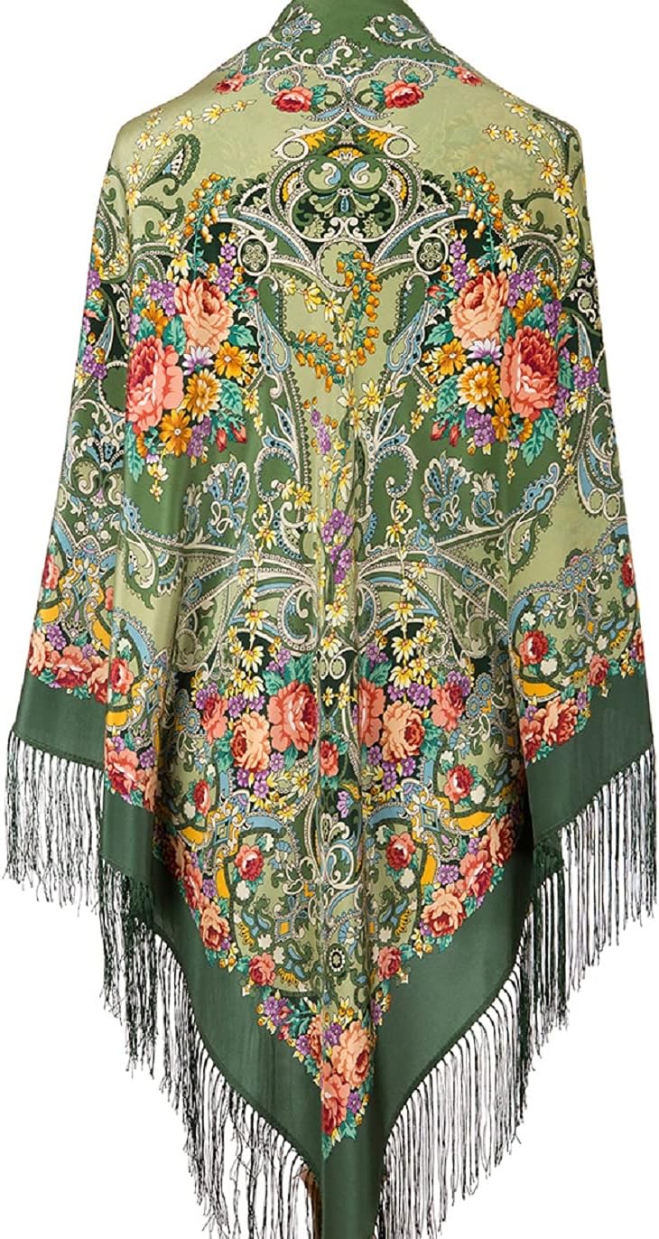 Pavlovo Posad Russian Shawl Natural 100% Mulberry Silk 130x130 cm 51x51" Scarf Silk Tassels Fringe Green Wrap 951-10
