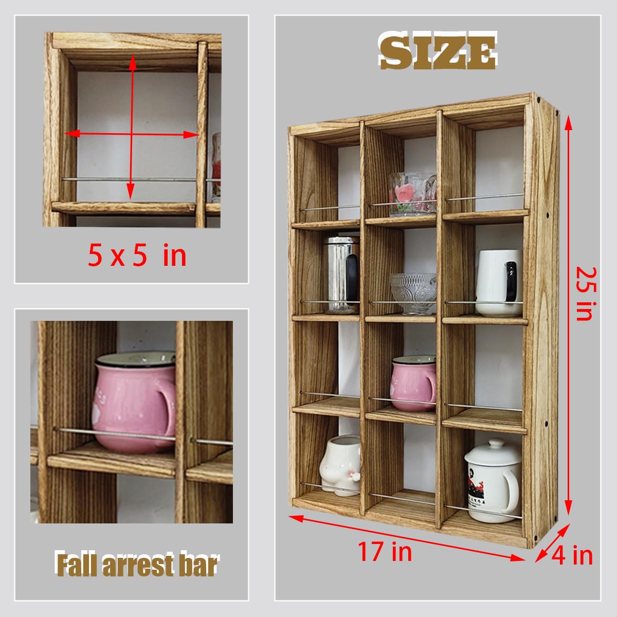 Wandmontiertes Kaffeebecher-Präsentationsregal, 43,2 x 63,5 cm, großes Holzregal, Becherhalter, Schattenbox, Regal, rustikales Becherregal, Schnapsgläser, Vitrine mit 12 Fächern (Carbon)