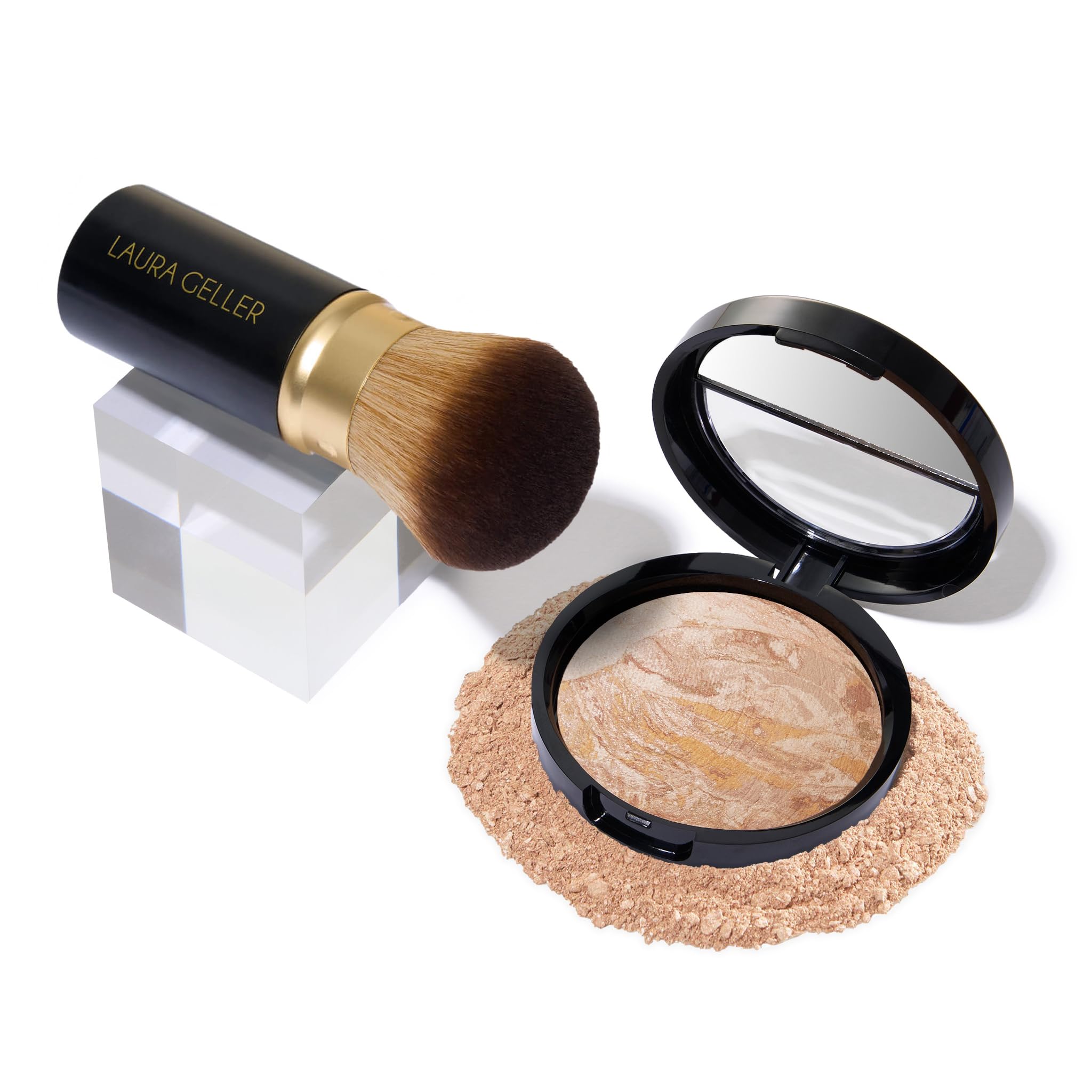 LAURA GELLER NEW YORK Get Glowing Kit (2pc): Baked Balance-n-Glow Illuminating Powder Foundation, Fair + Airbrush Kabuki Makeup Brush