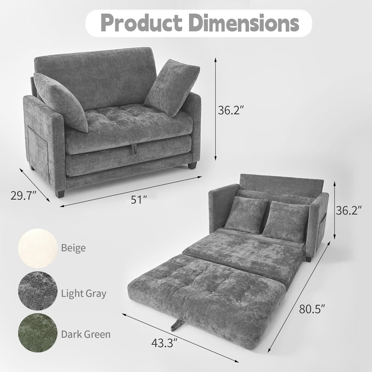 51" Convertible Sofa Bed,2 in 1 Folding Loveseat Sleeper Sofa with Solid Steel Frame & 2 Pillows, Fold Out Floor Couch for Small Spaces, Apartment, Living Room & Guest Room-Grey Chenille